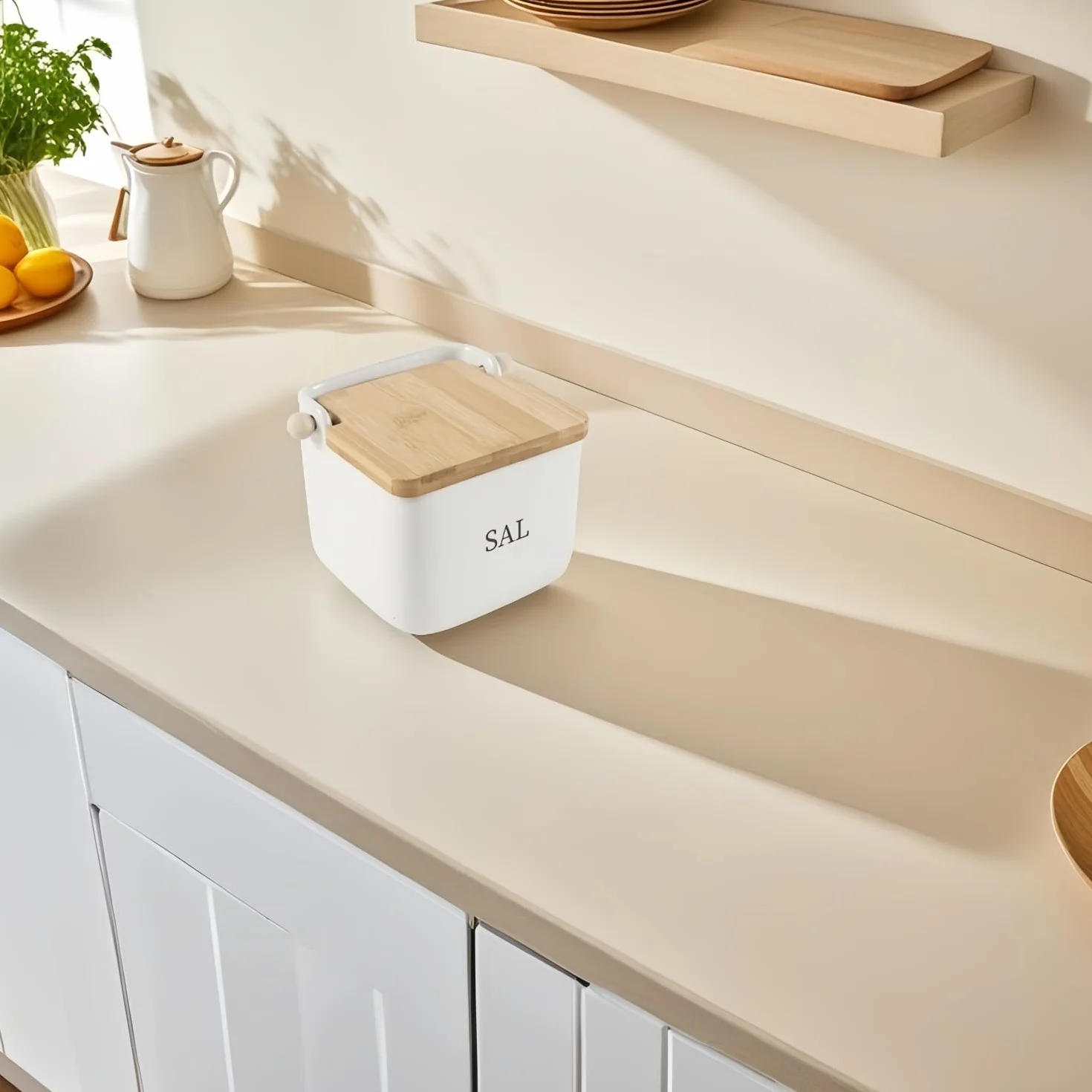 Salero cocina ceramica tapa madera abatible blanco minimalista