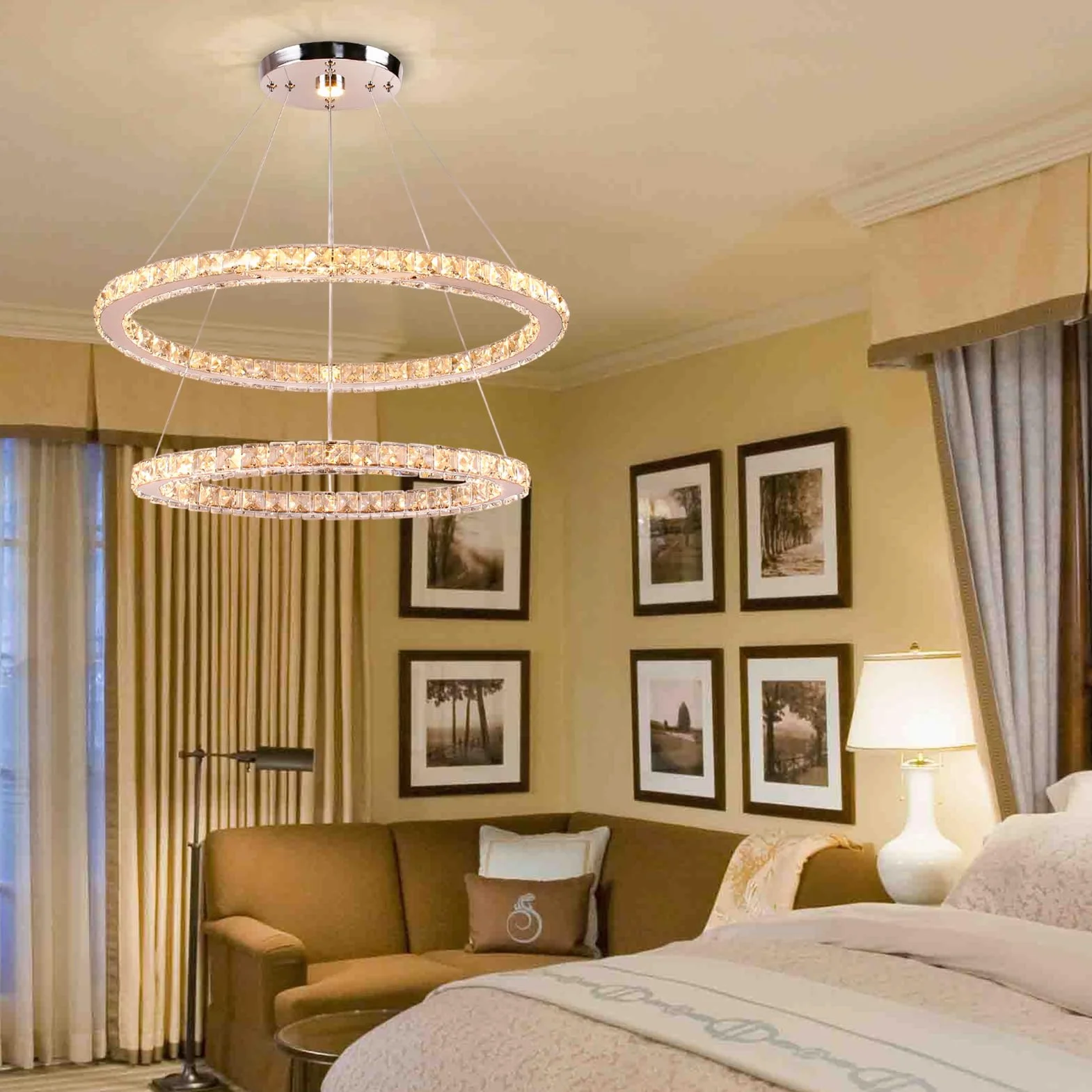 Finktonglan Candeliers de cristal, óvalo 2 anillos Chandelier moderna con control remoto, lámpara lineal LED LIGHTLIER PIELTA LUZ para comedor de cocina dormitorio de sala de estar dormitorio