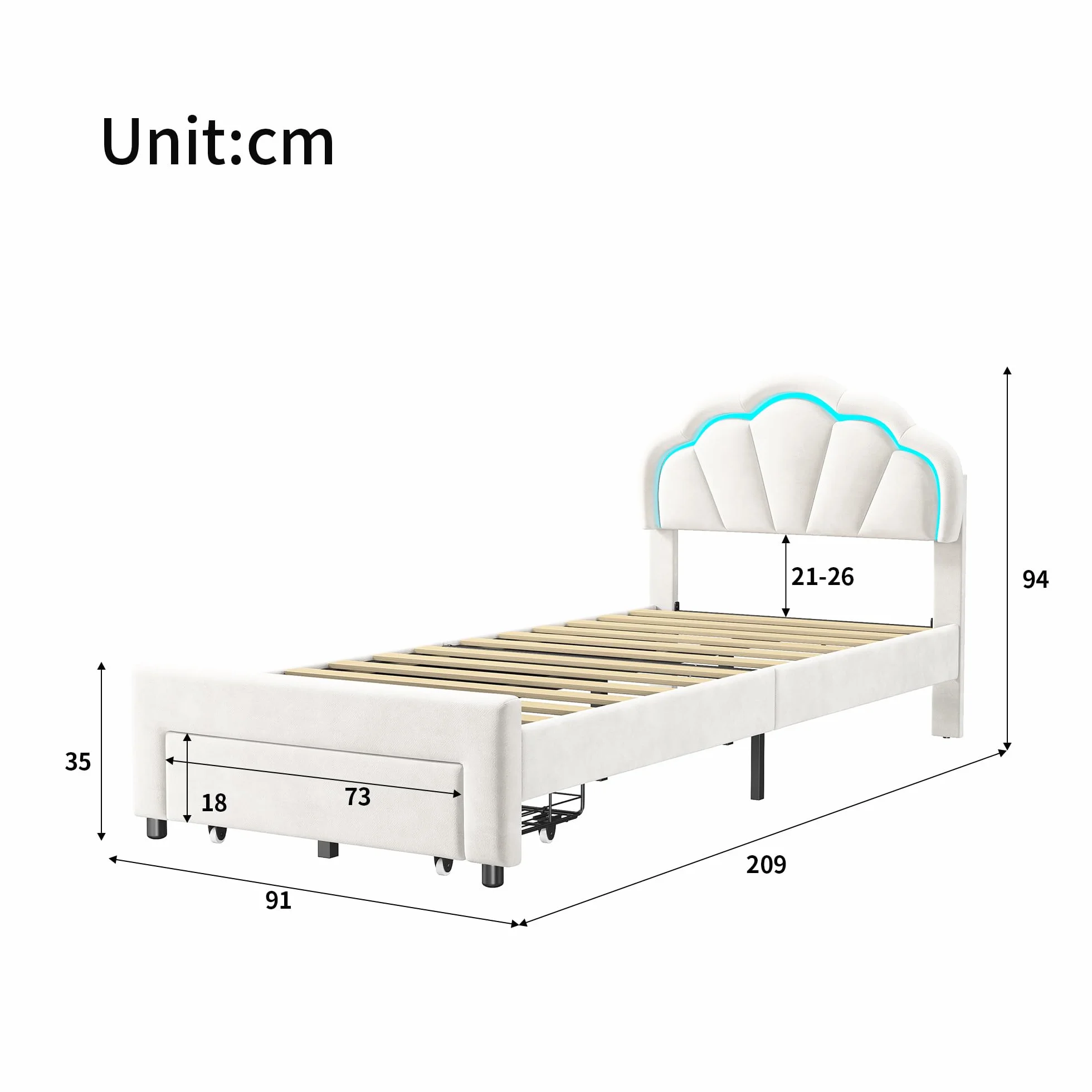 DADEA Cama de Niña Princesa LED con Cajones, Camas Individuales 90x200 Infantiles, Cama Infantil Niña90x200 con Cabecero Cama Niña Adolescente con SomierCamas Infantiles Moderna, Sin colchón