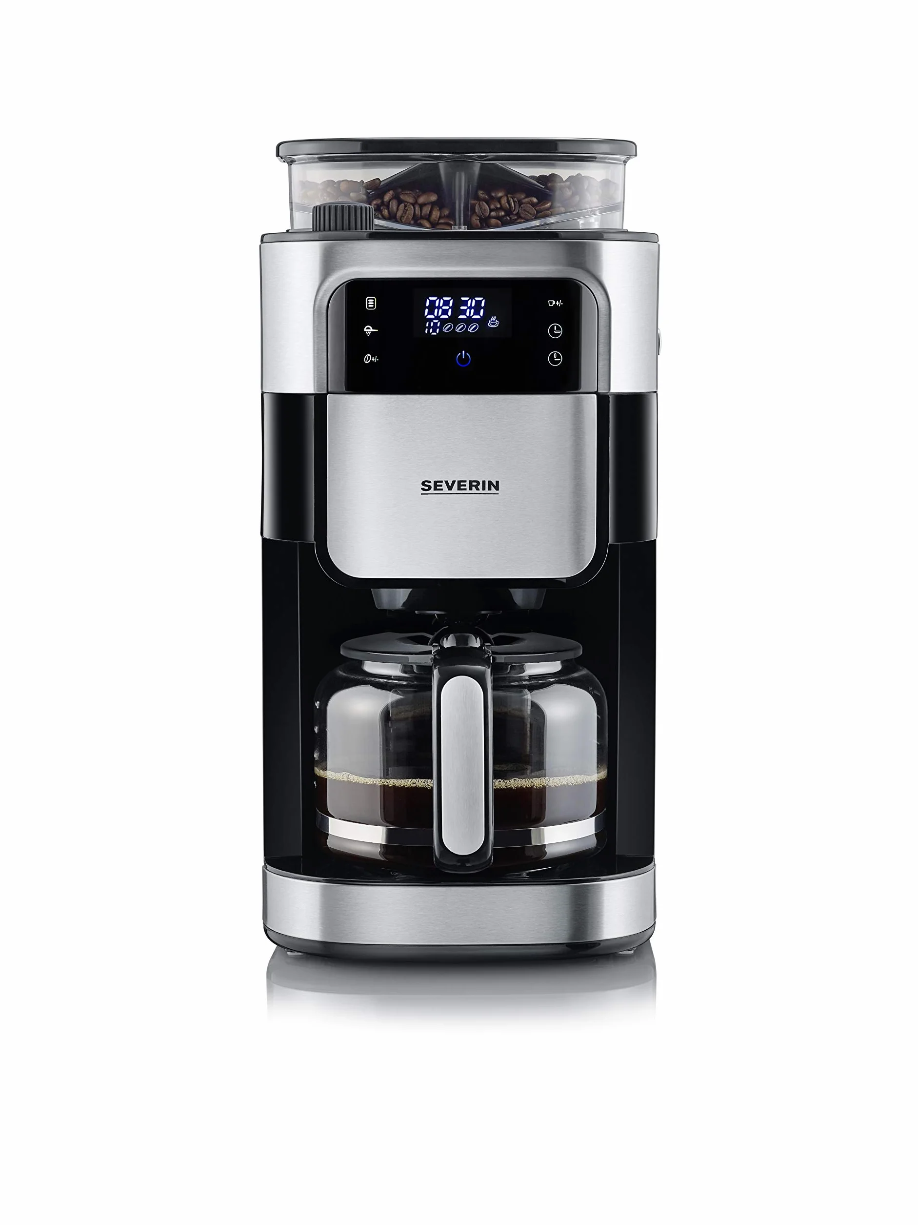 SEVERIN - Cafetera de goteo con molinillo hasta 10 tazas, Cafetera de filtro / Cafetera americana con jarra de cristal de 1l, con pantalla LED con temporizador, Acero inoxidable / Negro, KA 4813