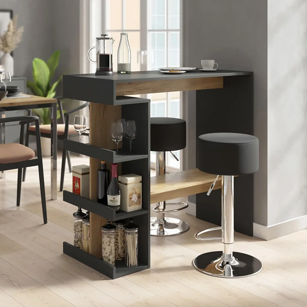 Vicco Set de Mesa de Bar Dana, Antracita/Roble Dorado, 108 x 50 cm con 2 taburetes de Bar, con estantes Abiertos para Usar como Mesa Alta