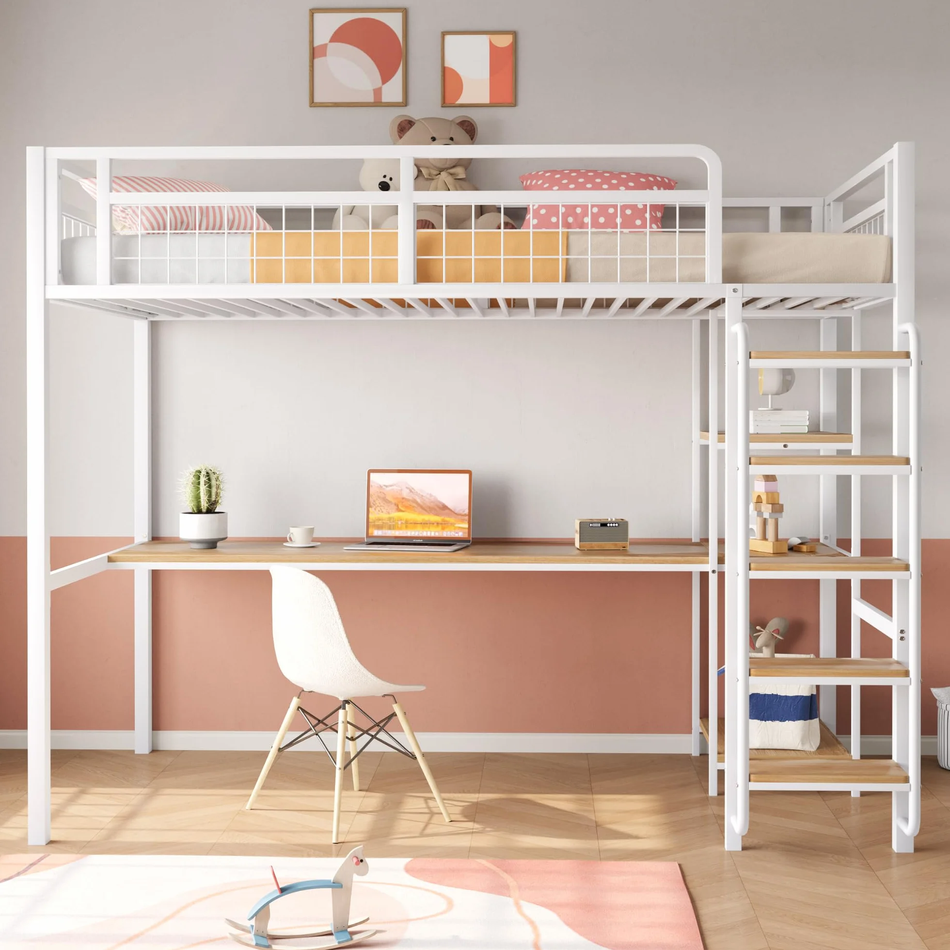 Cama alta de metal 90x200 cm con escalera y valla de seguridad blanca