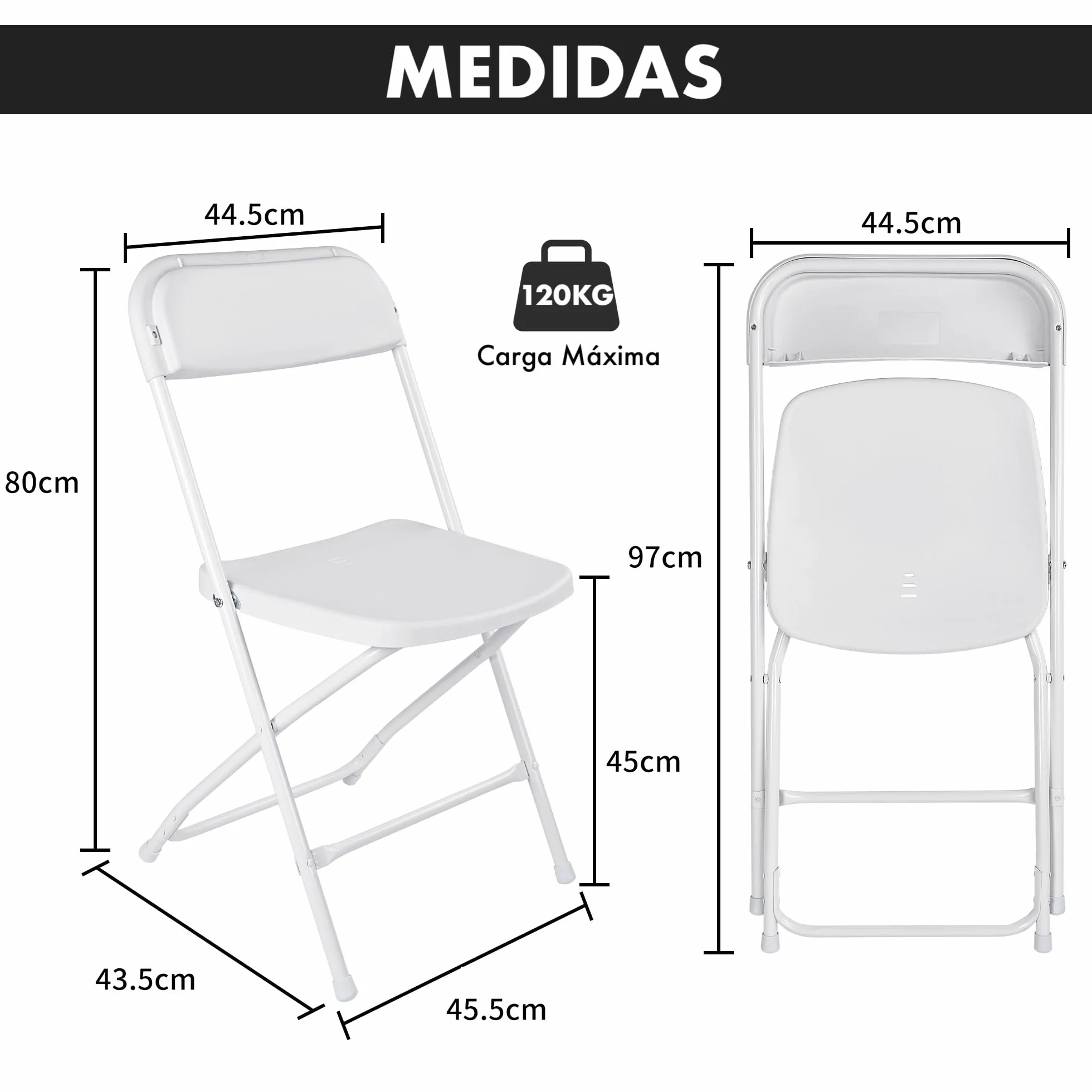 Pack 4 Sillas Plegables Negras Apilables Resistentes Interior Exterior | Asiento Ergonómico Plástico Reforzado Estructura Acero Antideslizante | Oficina Comedor Eventos Camping | hasta 120kg (Blanco)