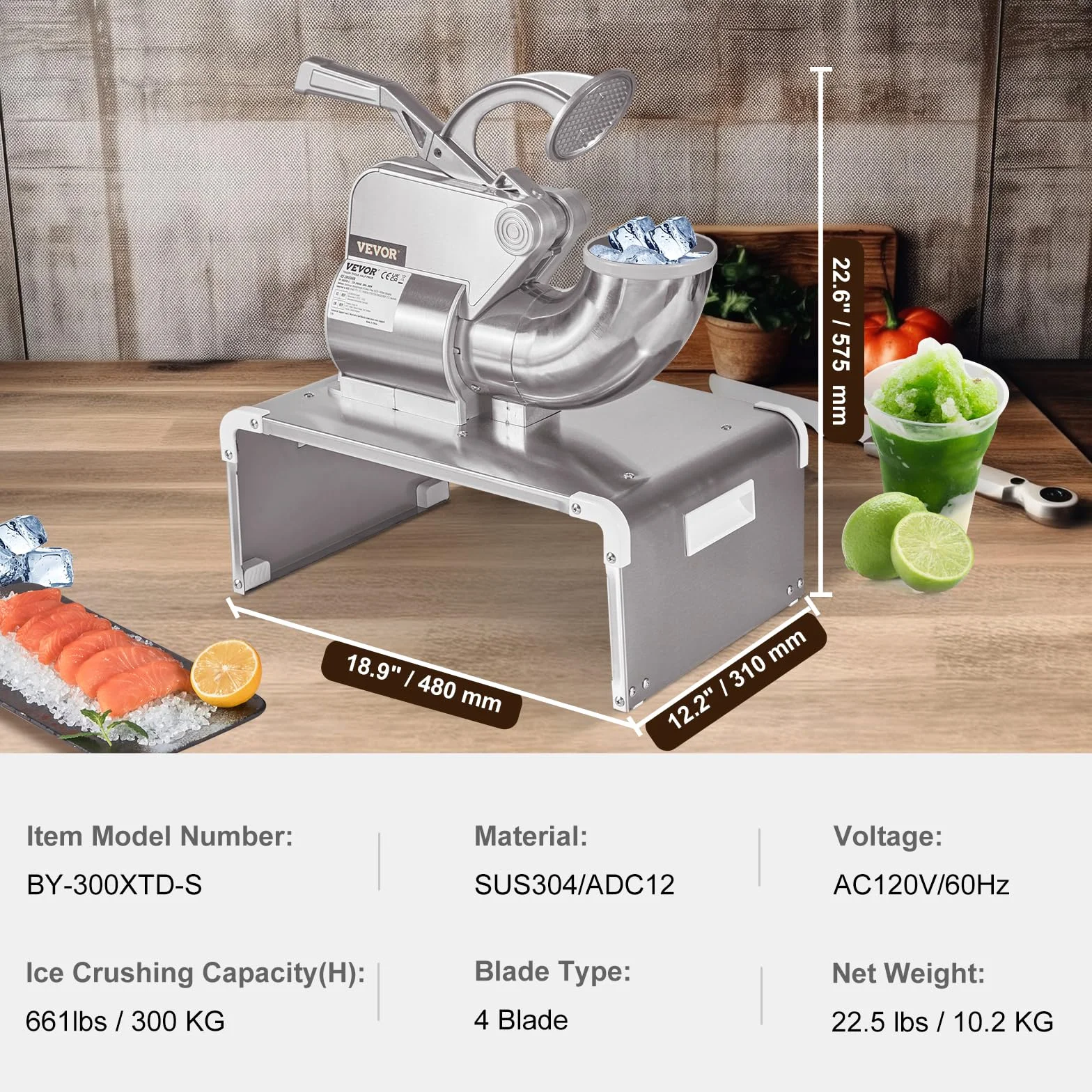 VEVOR Trituradora de Hielo Comercial 300kg/h 300W Picadora de Hielo 4 Cuchillas Acero Inoxidable