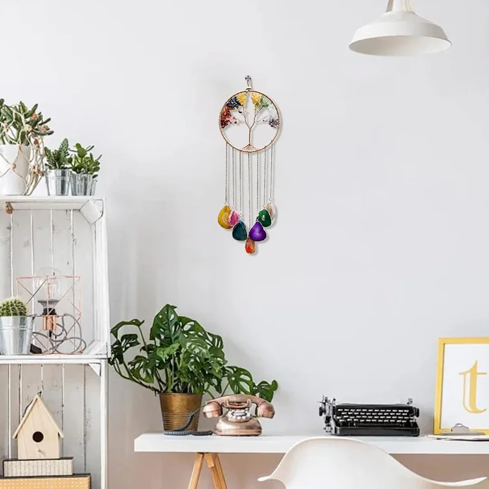 7 Chakra Campana de viento Árbol de la vida de discos de ágata natural, campana de viento de cristal hecha a mano para exterior e interior, decoración de pared con piedras preciosas.