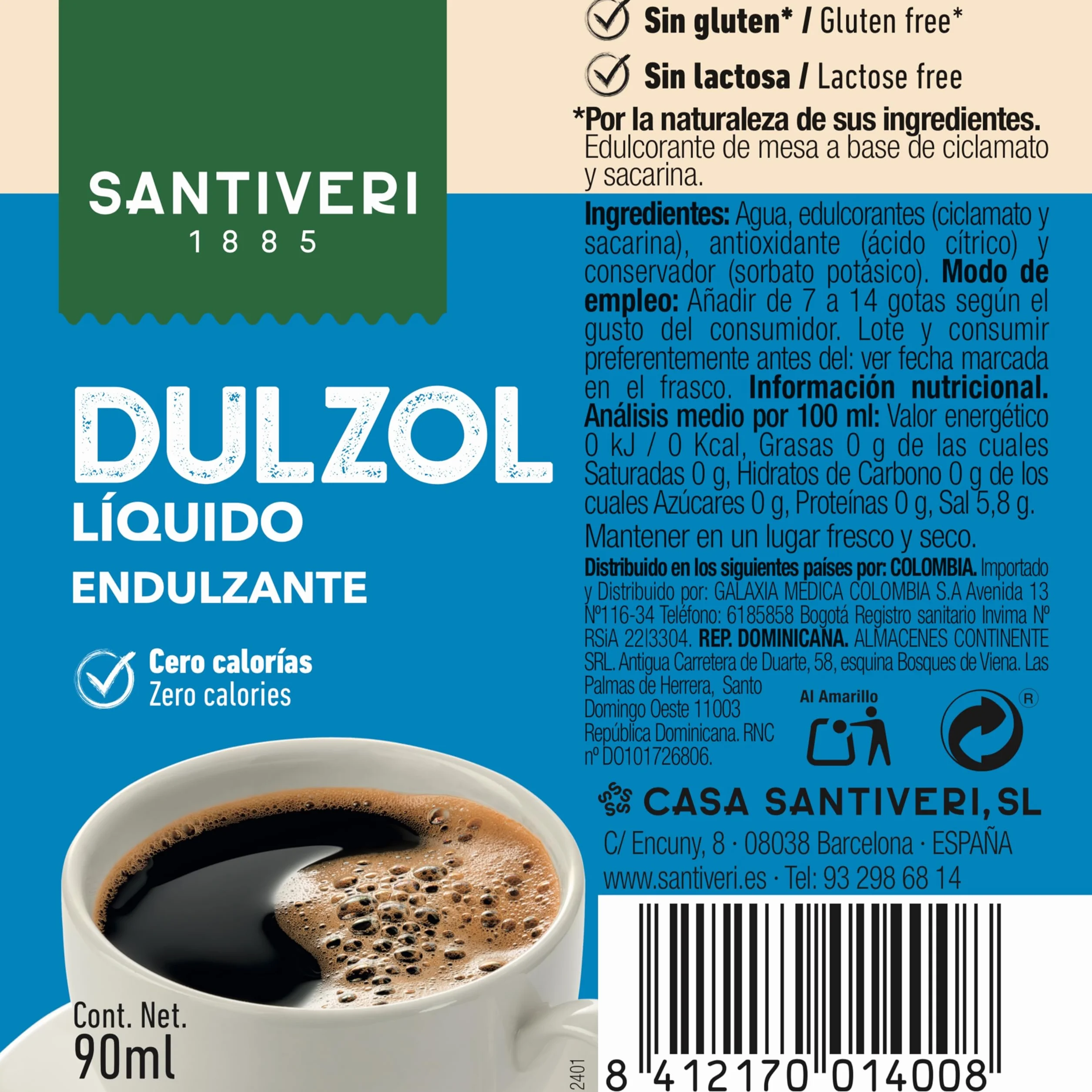 SANTIVERI Dulzol Líquido Edulcorante Sin Calorías 90 ml