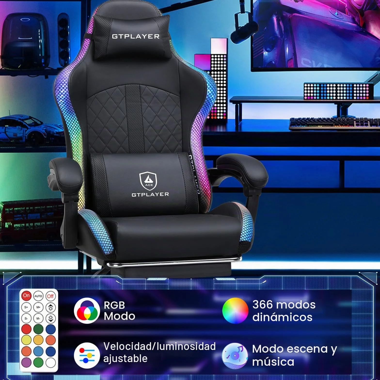 GTPLAYER Silla de gaming, silla de oficina, silla de gaming con altavoz y barra de luz, silla gamer, respaldo con bolsa de almacenamiento, silla ergonómica de PC con mando a distancia