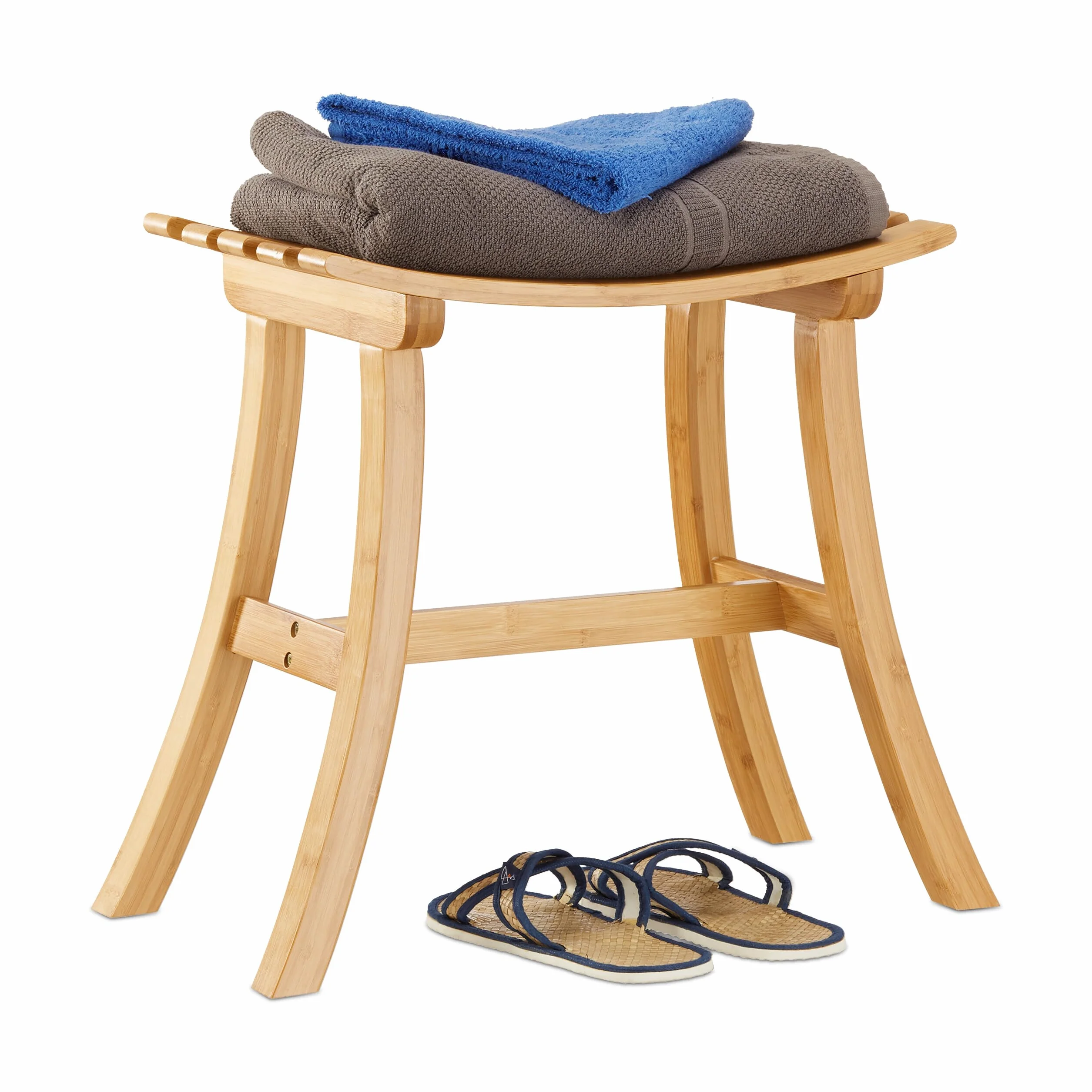 Relaxdays Taburete de Bambú, Reposapiés Madera, Banqueta Rústica y Estrecha, Baño o Vestidor, 48 x 56 x 28.5 cm, Natural