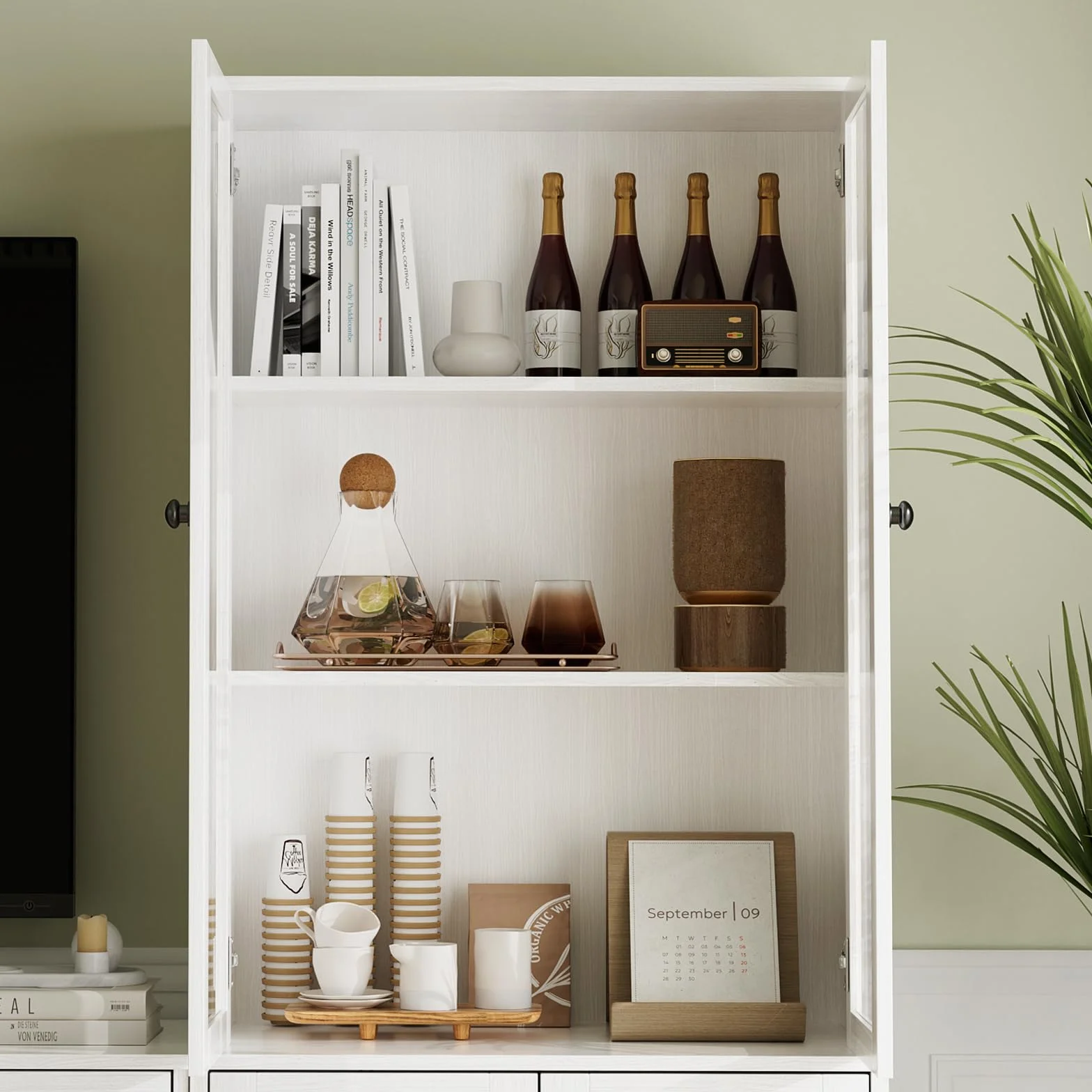 VOWNER Grande Mueble de TV para Televisores de hasta 70 Pulgadas, 280 x 180,3 x 40 cm, Mesa de TV, Módulo TV, Mueble de Salón Moderno con Cajones y Puertas de Cristal, 2A+2D (Blanco)