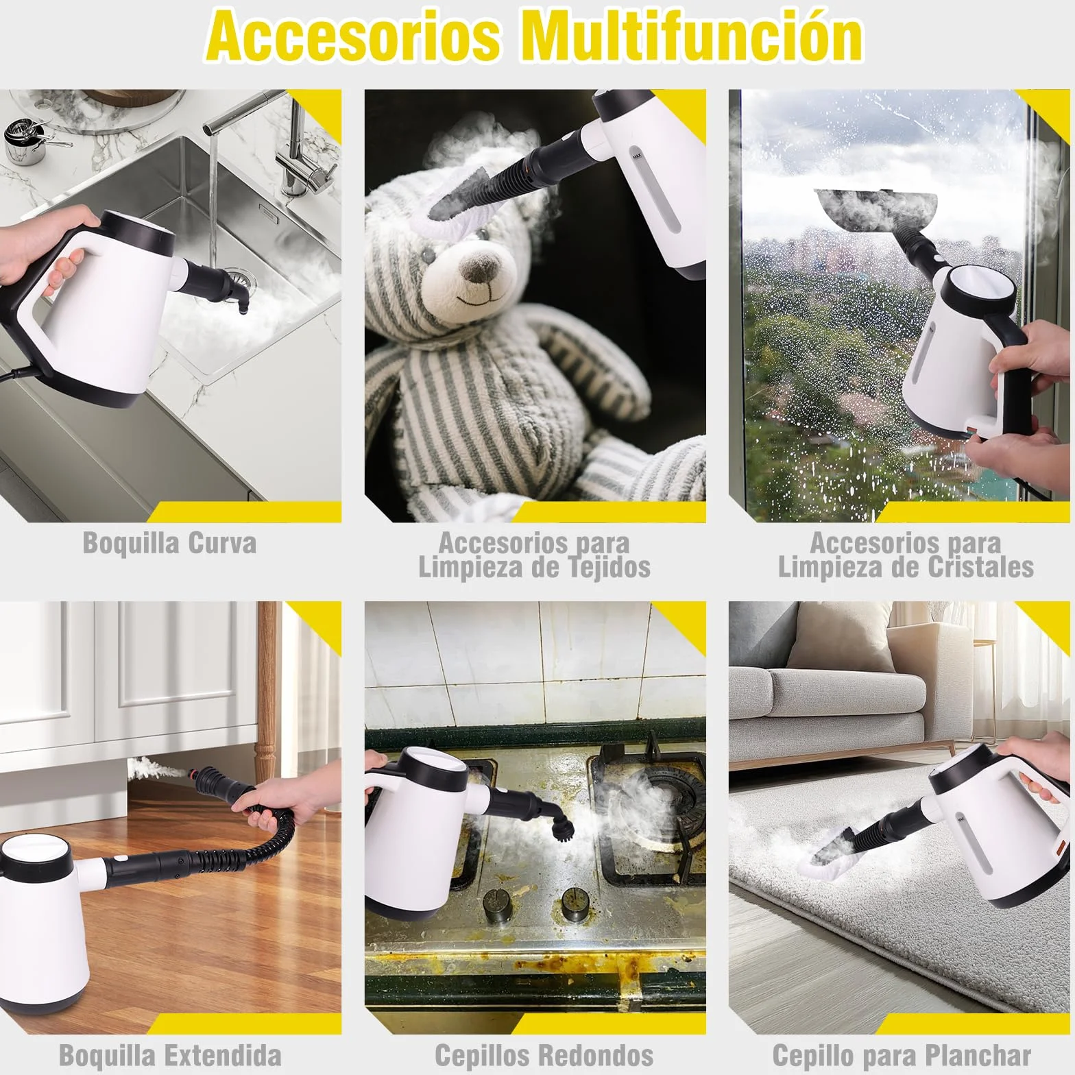 Limpiador de vapor 1200W calentamiento instantáneo 15 s 400 ml accesorios 9 piezas blanco