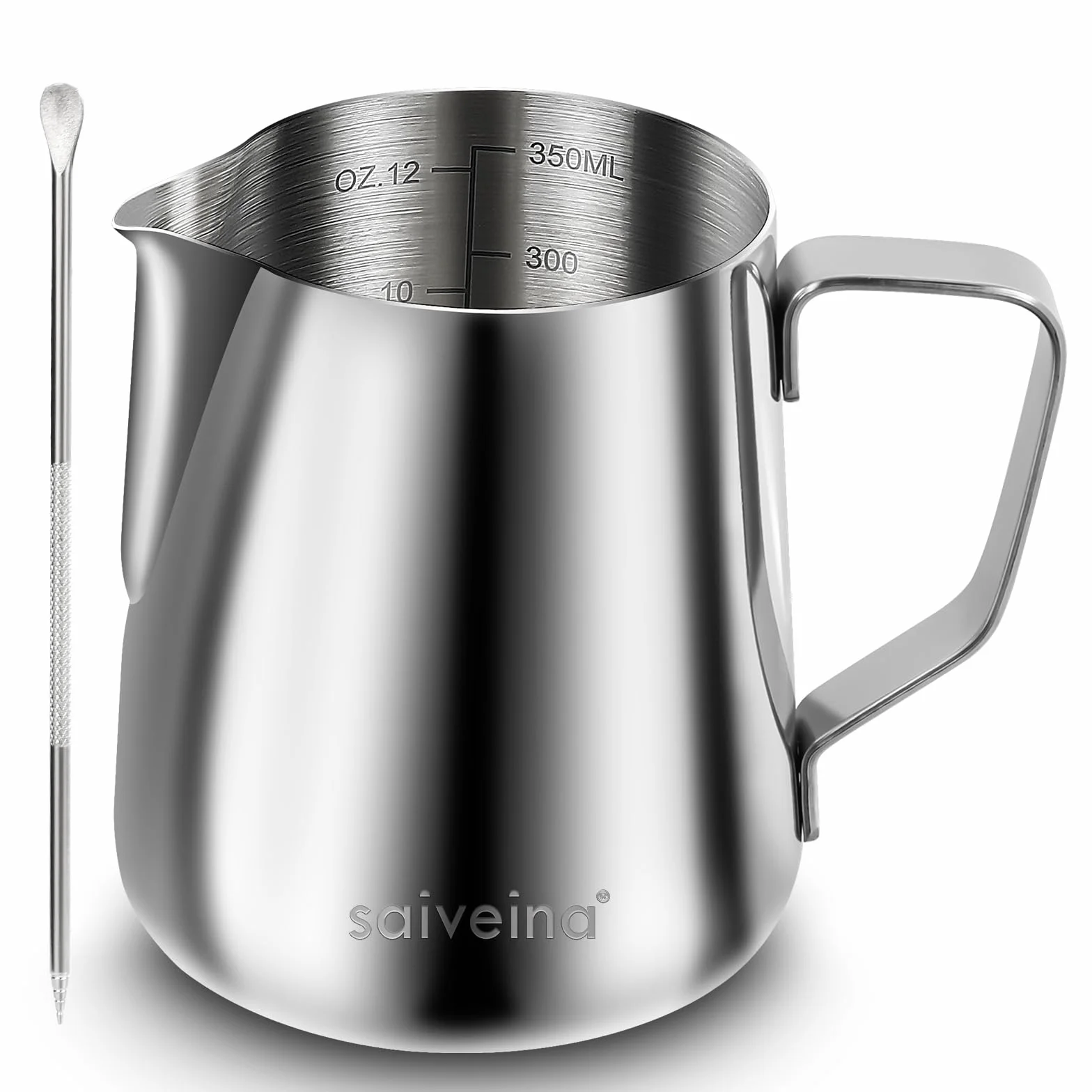 Jarra de espuma de leche, jarra de vapor espresso de 12 onzas, accesorios para máquina de espresso, acero inoxidable, leche, café, capuchino, barista, jarra de vapor, taza de leche con bolígrafo