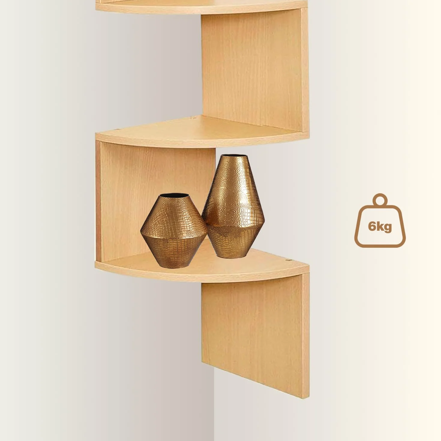 edihome, Estantería Esquina Pared, 5 Baldas,123 x 19,2cm, Madera Natural, Esquinera, Decoración, Estante Salón, Certificación Europea (Madera)