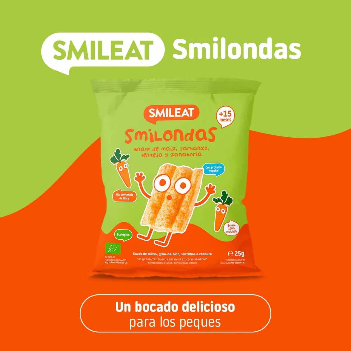 Smileat Smilondas Snack Ecológico Maíz Garbanzo Lenteja Zanahoría Horneadas Ingredientes Reales Bebés 15 Meses 1x25g