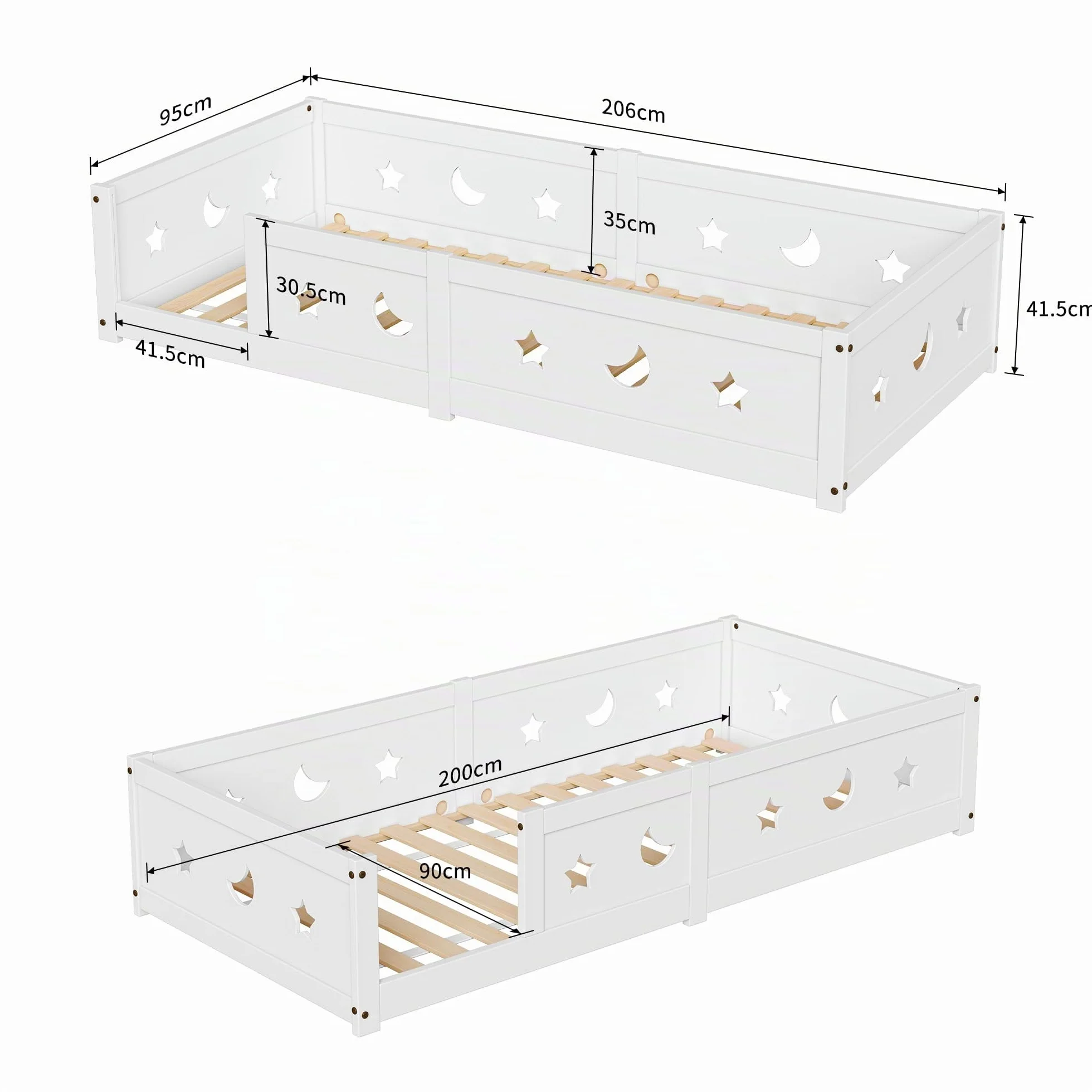 Montessori - Cama de suelo de 90 x 200 cm, con protección anticaída y somier de láminas, diseño de estrellas y luna, cama infantil para niños y niñas, de madera de pino maciza, color blanco (blanco