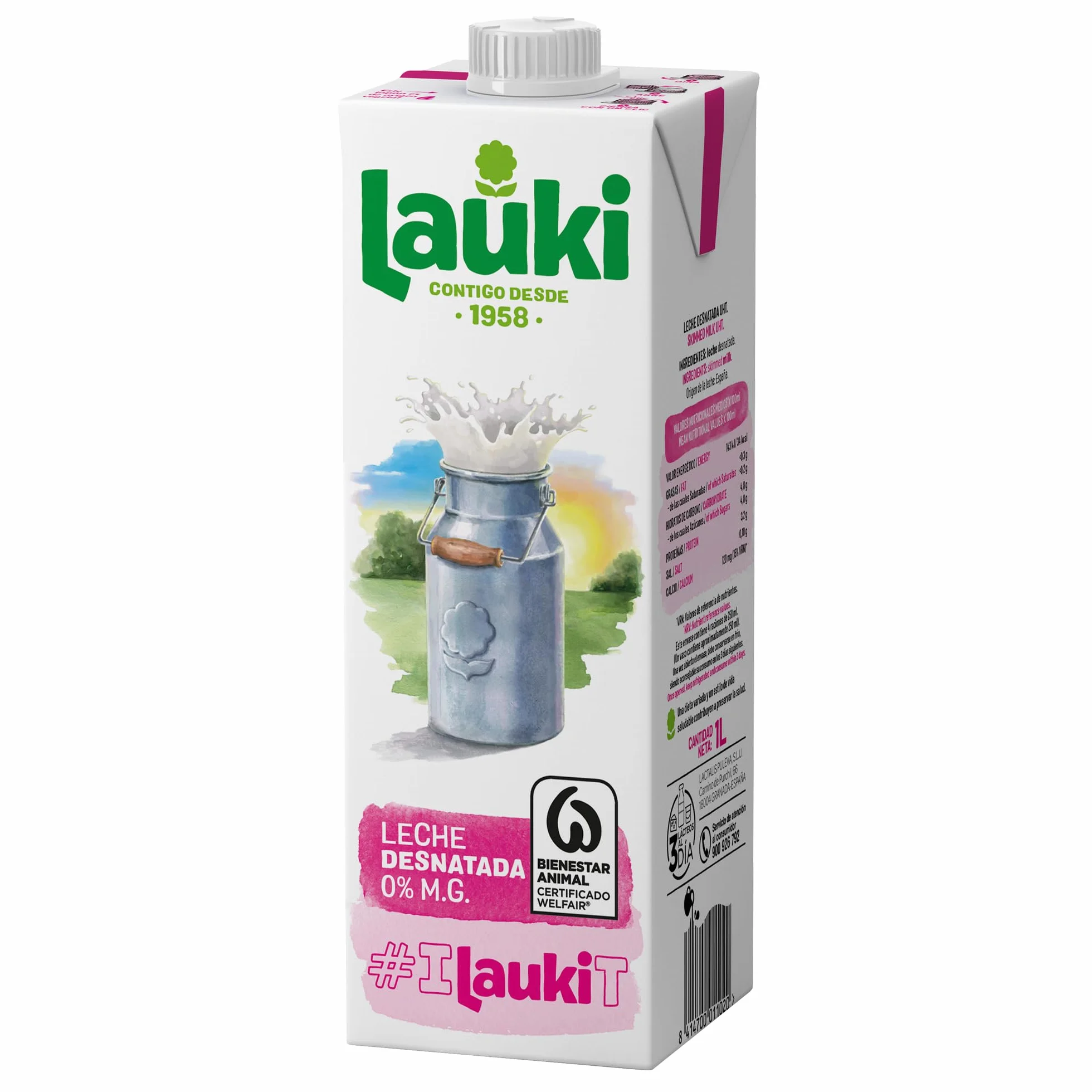 Lauki Leche Desnatada Bienestar Animal Sin Azúcar Añadido Sin Gluten Brik UHT Pack 6 x 1L