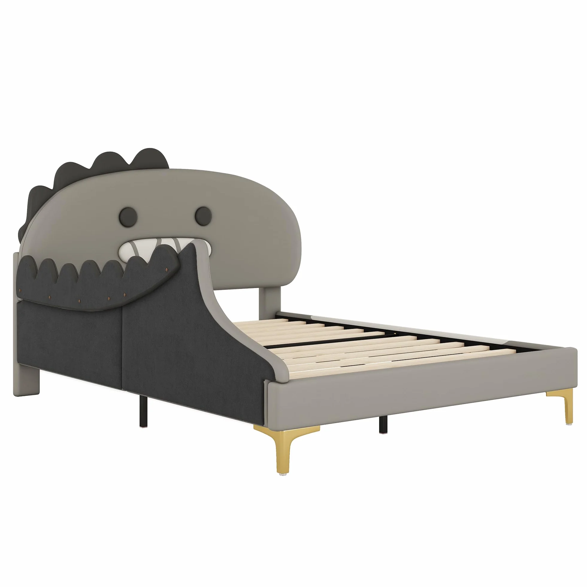 Cama infantil de 140 x 200 cm, diseño de dinosaurio, cama plana, material de poliuretano, color gris