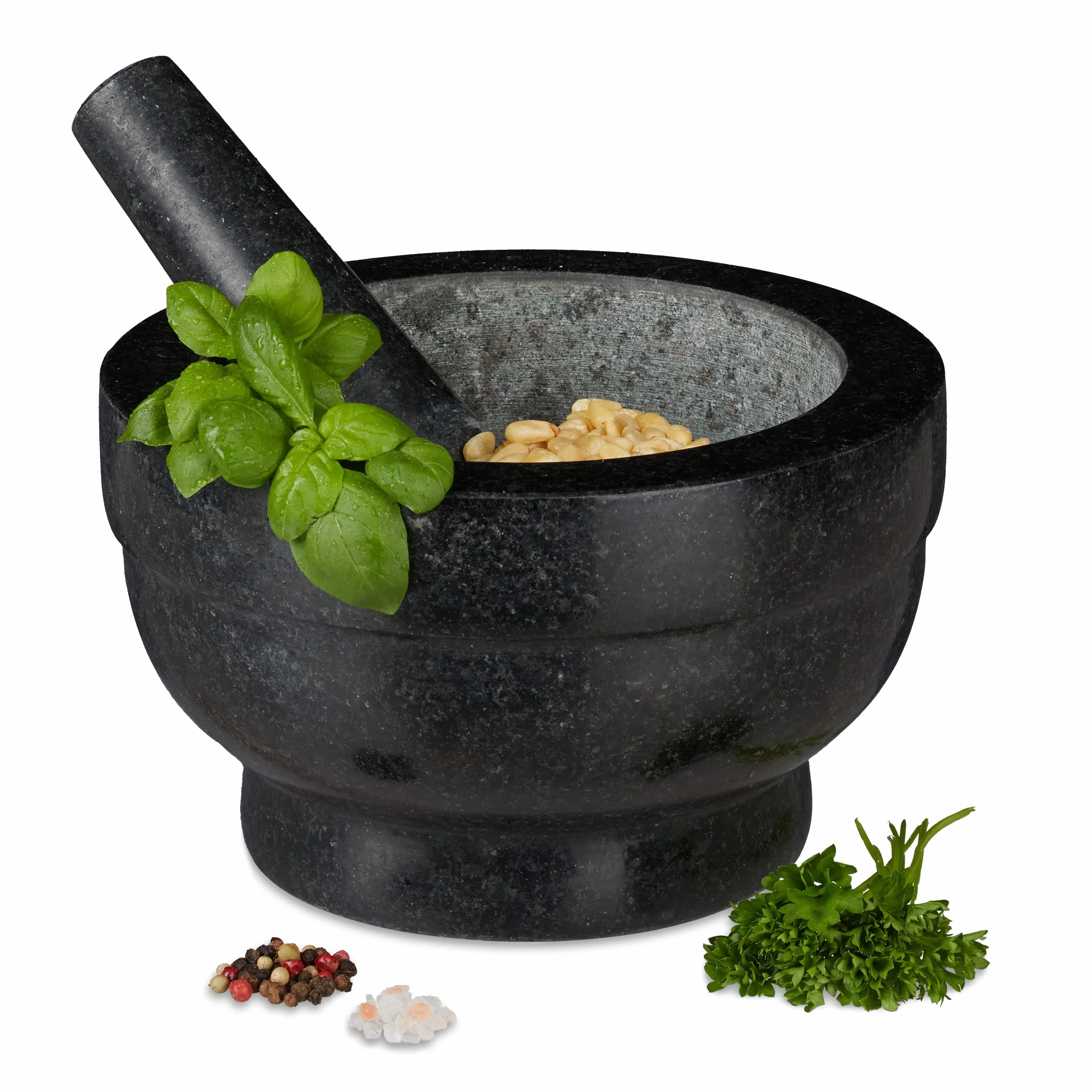 Relaxdays Mortero Granito con Mano, Resistente, Duradero, Especias, Moledor Piedra Pulida, 20 cm Ø, 1 L, 5,6 kg, Negro