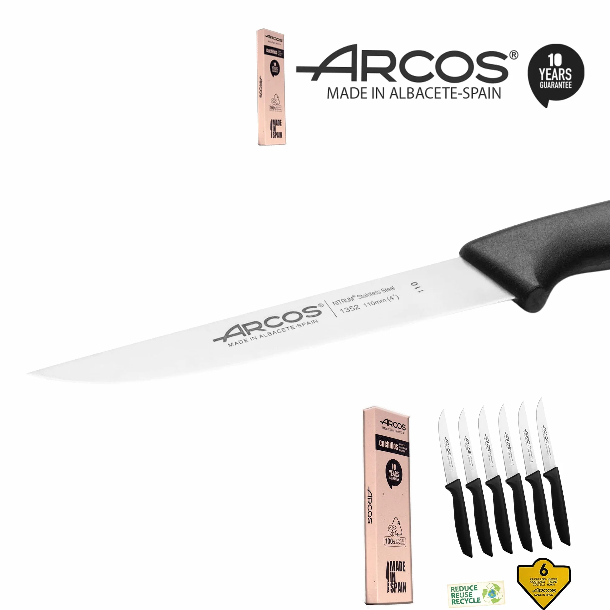 Arcos Series Niza - Juego de Cuchillos Cocina, 6 Piezas, Cuchillos Verduras 110 mm, + Cuchillo Mesa, Envase 100% Ecológico, Acero Inoxidable NITRUM