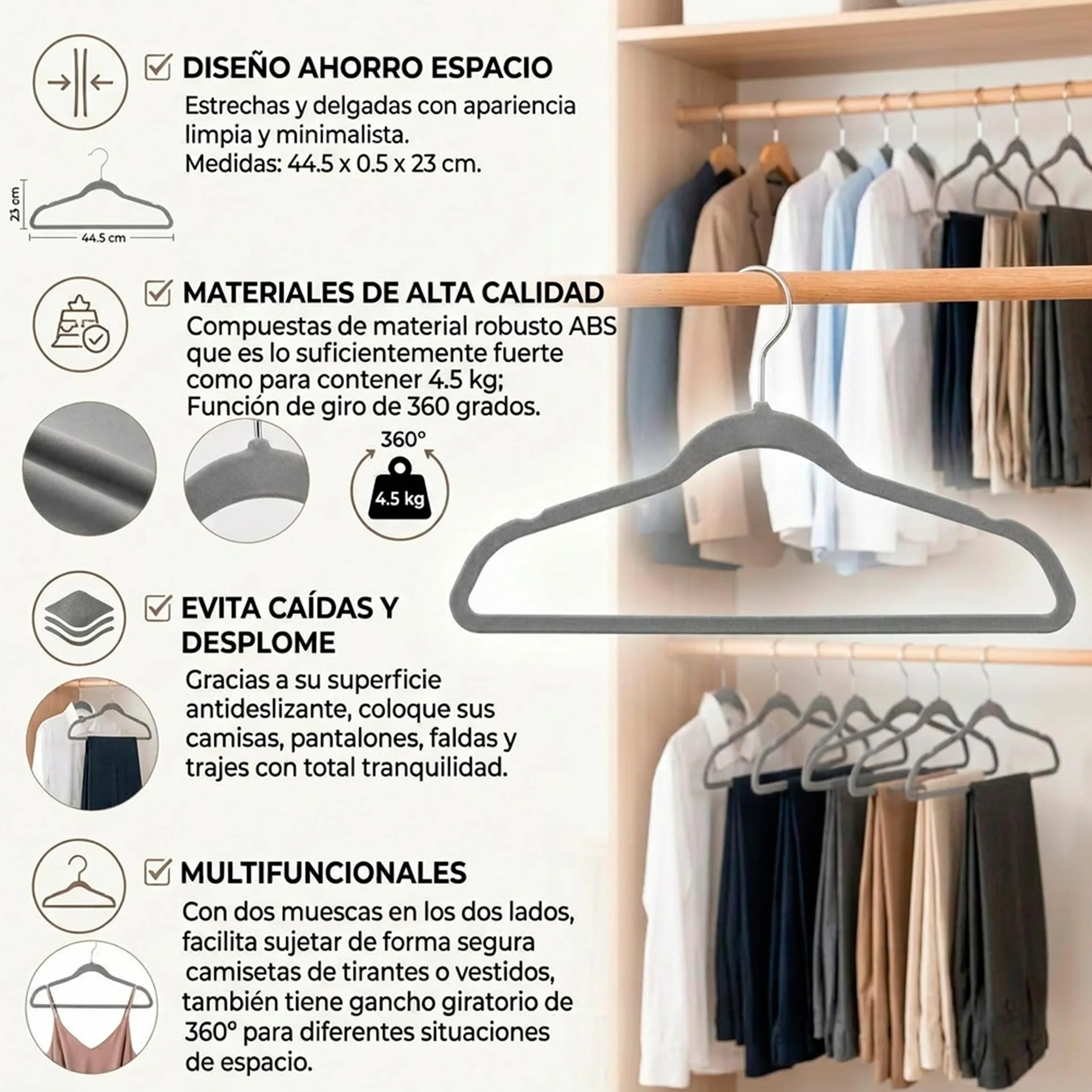 Perchas Terciopelo Antideslizantes 50 Unidades Gris para Pantalón Camisa Falda Trajes