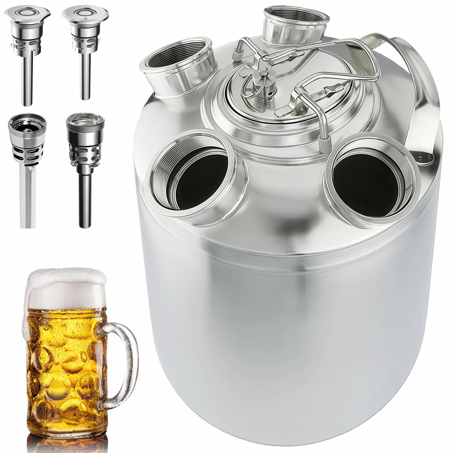 Barril de limpieza de cerveza, 10 L, acero inoxidable, depósito de limpieza de 4 cabezales, incluye pinchos A, S, G, D con tapa de cierre para dispensadores de cerveza, máquinas de té de