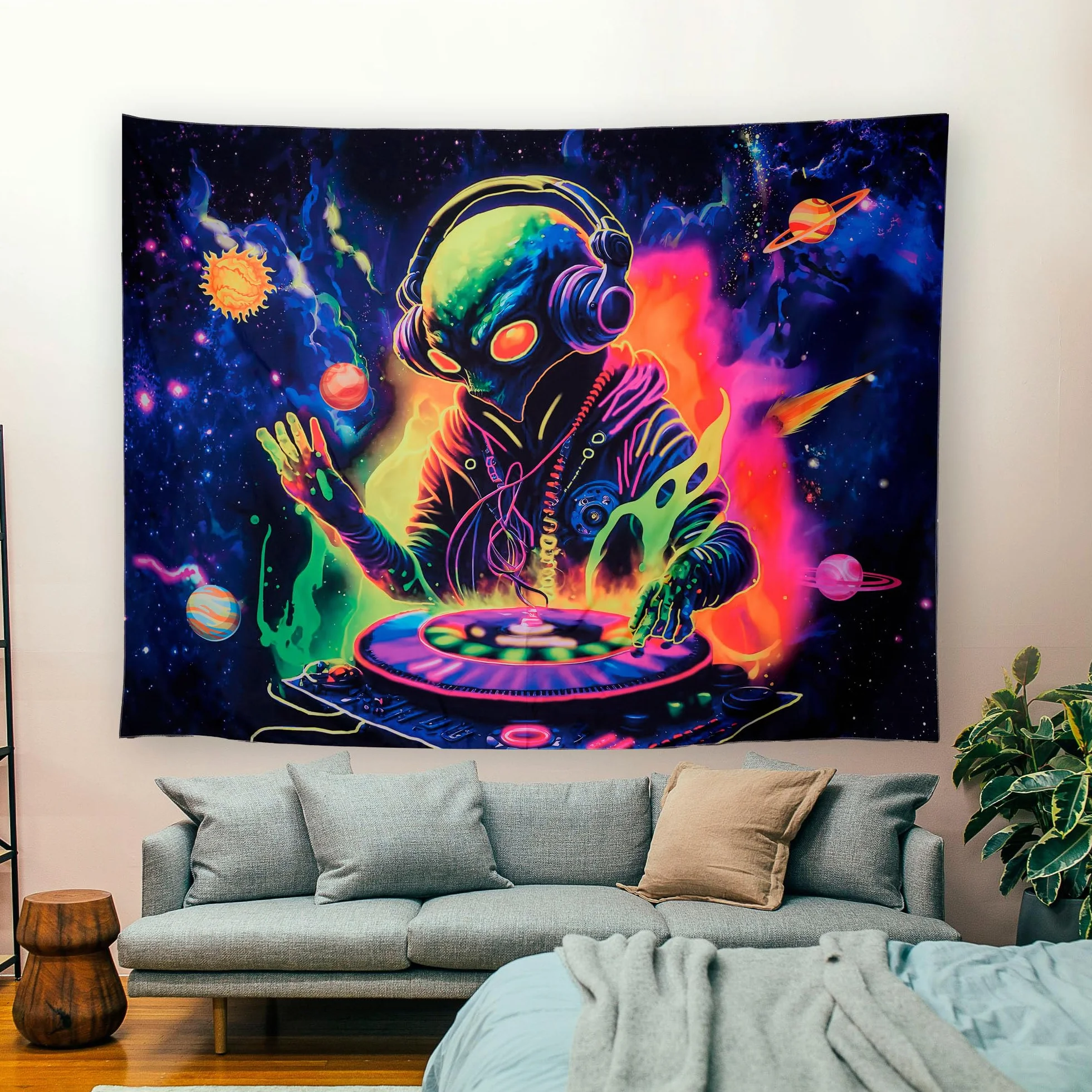 OSVINO Tapiz Extraterrestre 130x150CM UV Reactivo Decoración Pared Dormitorio Luna Sol Planetas Alienígena