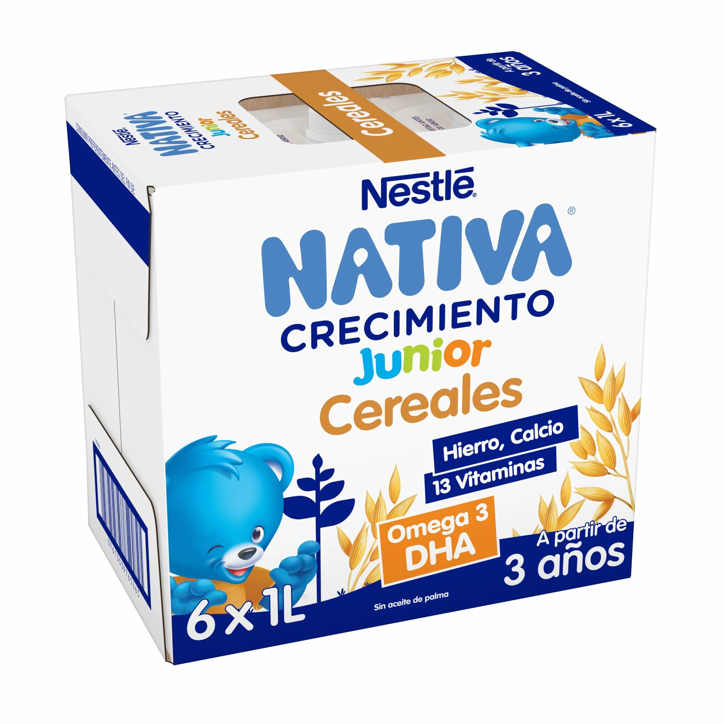 NESTLÉ NATIVA Crecimiento JUNIOR Cereales Leche Líquida para Niños 3 Años 6 Paquetes 1L