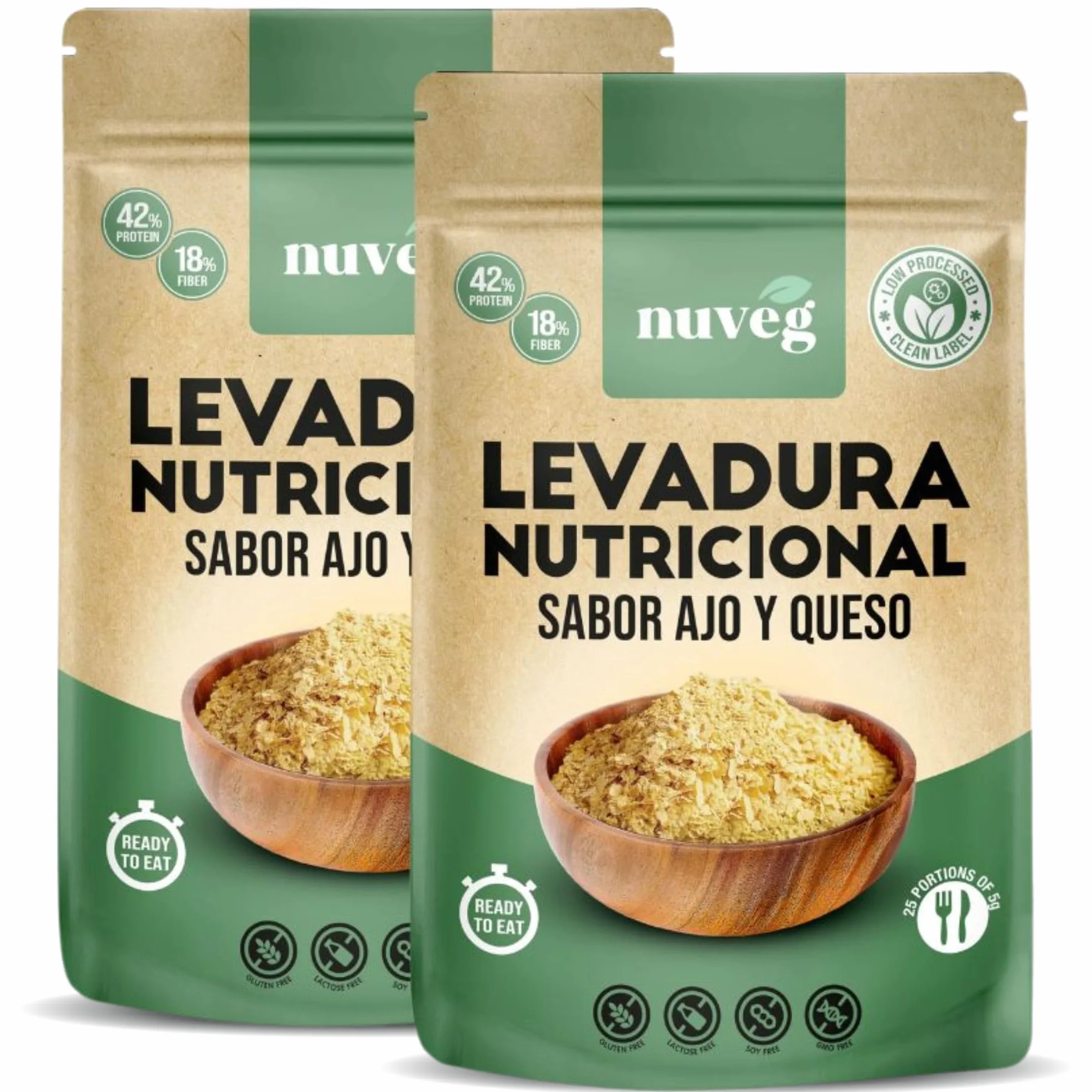 NUVEG Levadura Nutricional Sabor Queso y Ajo, Levadura Nutritiva en Copos, Rica en Vitamina B y Proteínas 42%, Sin Gluten, Pack 2, 250g