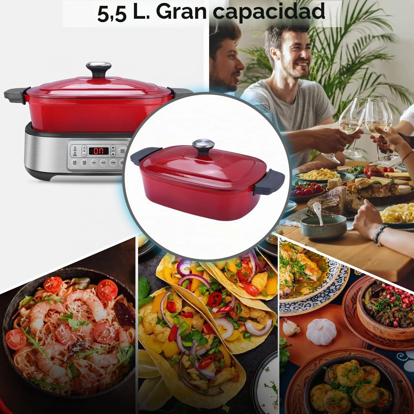 Homtone Cacerola 6 en 1 Slow Cooker 5,5L Programable Esmaltada Extraíble Revestimiento Cerámica Cocción Lenta Vapor Rojo