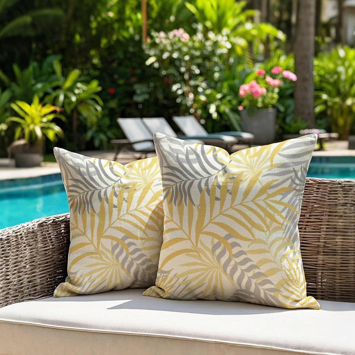 Fundas de Cojín para Exterior Impermeables 40x40 cm Juego de 2 Amarillo Gris Hojas Tropicales