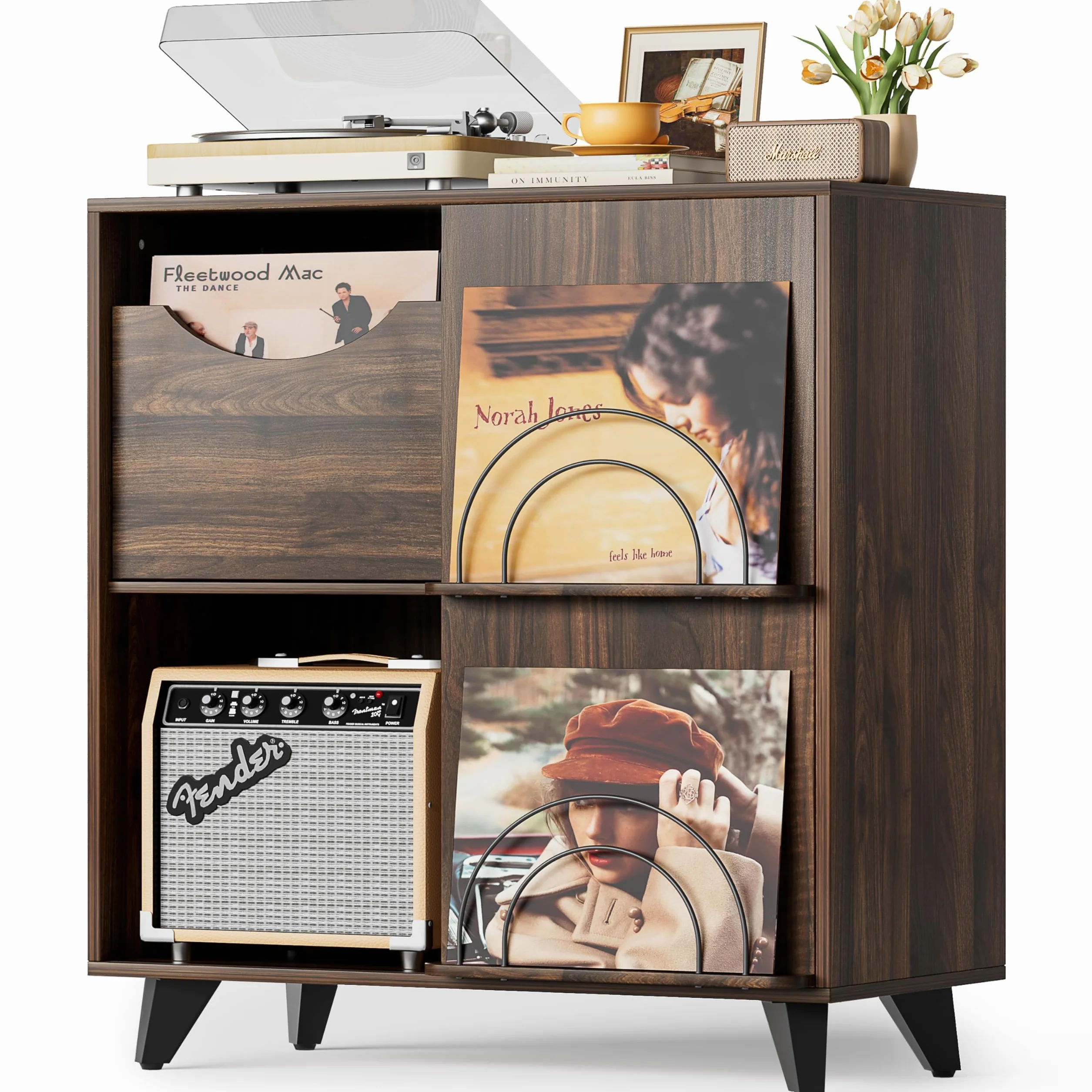Mueble Tocadiscos con Estante para Vinilos y 2 Cajones – Mesa Auxiliar de Madera, Compatible con Todos los Tocadiscos y Altavoces