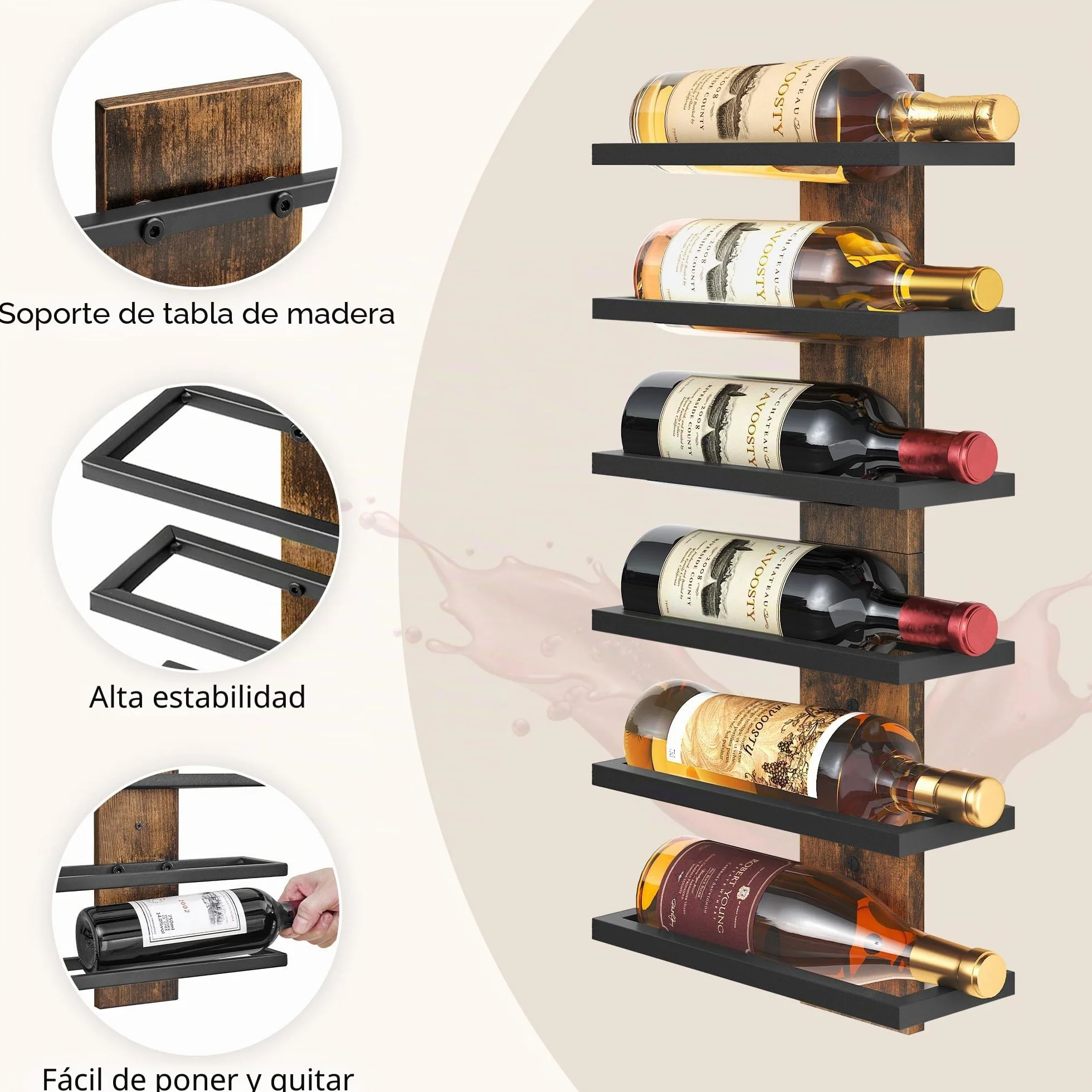 FAVOOSTY Botellero Pared 1 Set, Botellero Vertical, Estante para Botellas con 6 Niveles, 6 Botellas de Vino, Soporte para Botellas, Estante de Metal para Botellas de Vino, para Comedor, Bodega, Negro