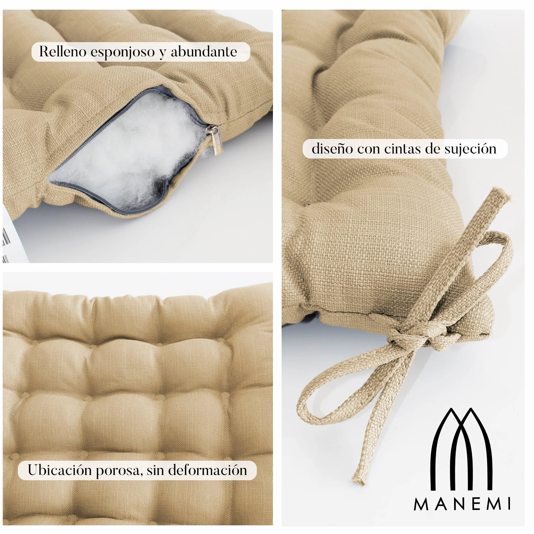 MANEMI Pack 6 Cojines para Silla 40x40x5cm - Cojín Decorativo con Textura de Bambú para Silla, Sofá o Comedor - Juego de Cojines de Asiento Estilo Rústico y Transpirable con Cintas de Sujeción