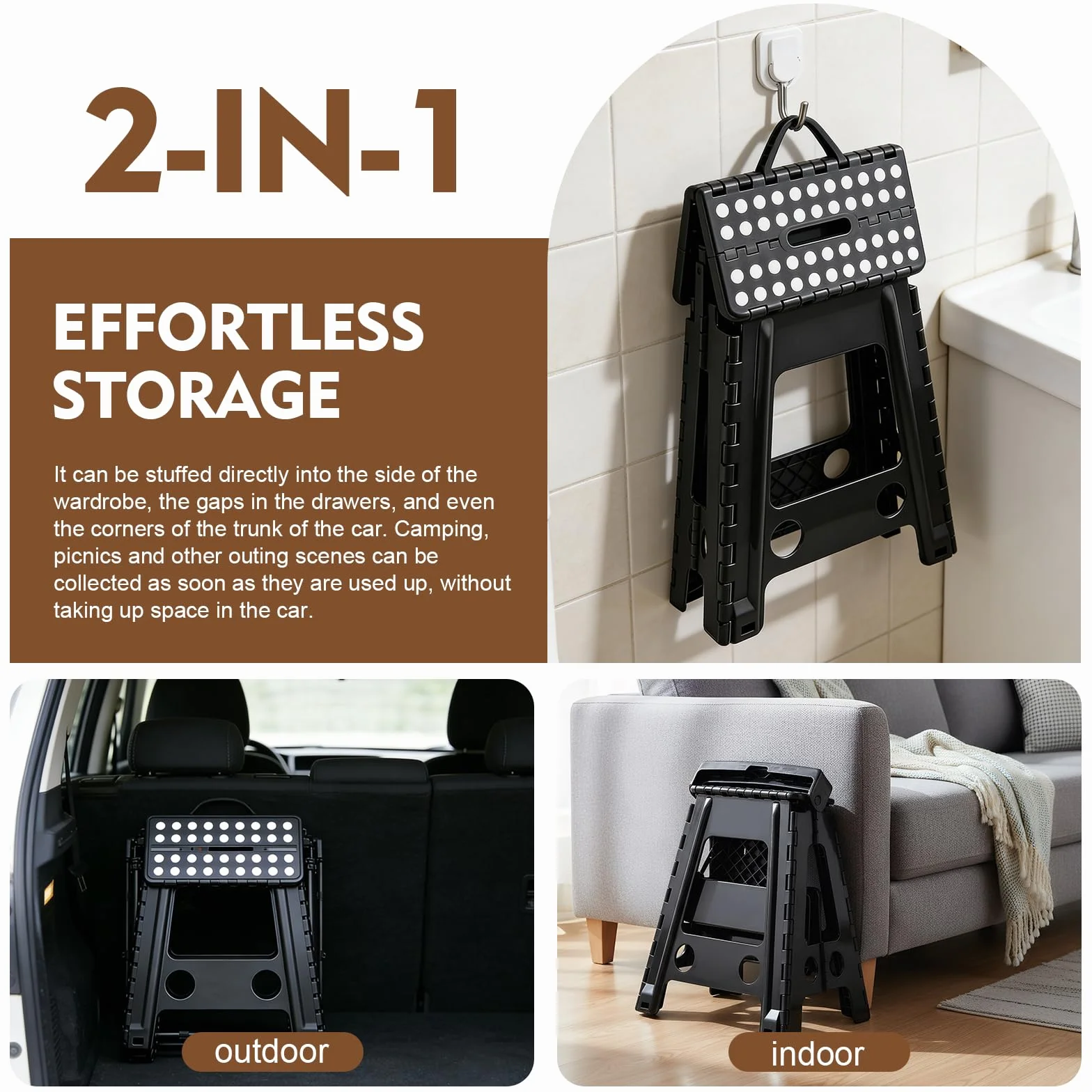Taburete Escalón Plegable Portátil - Altura 45 cm - Soporta hasta 150 kg - con Asa para Llevar - Estable para Cocina, Baño, Habitación Infantil, Recibidor y Camping - Negro