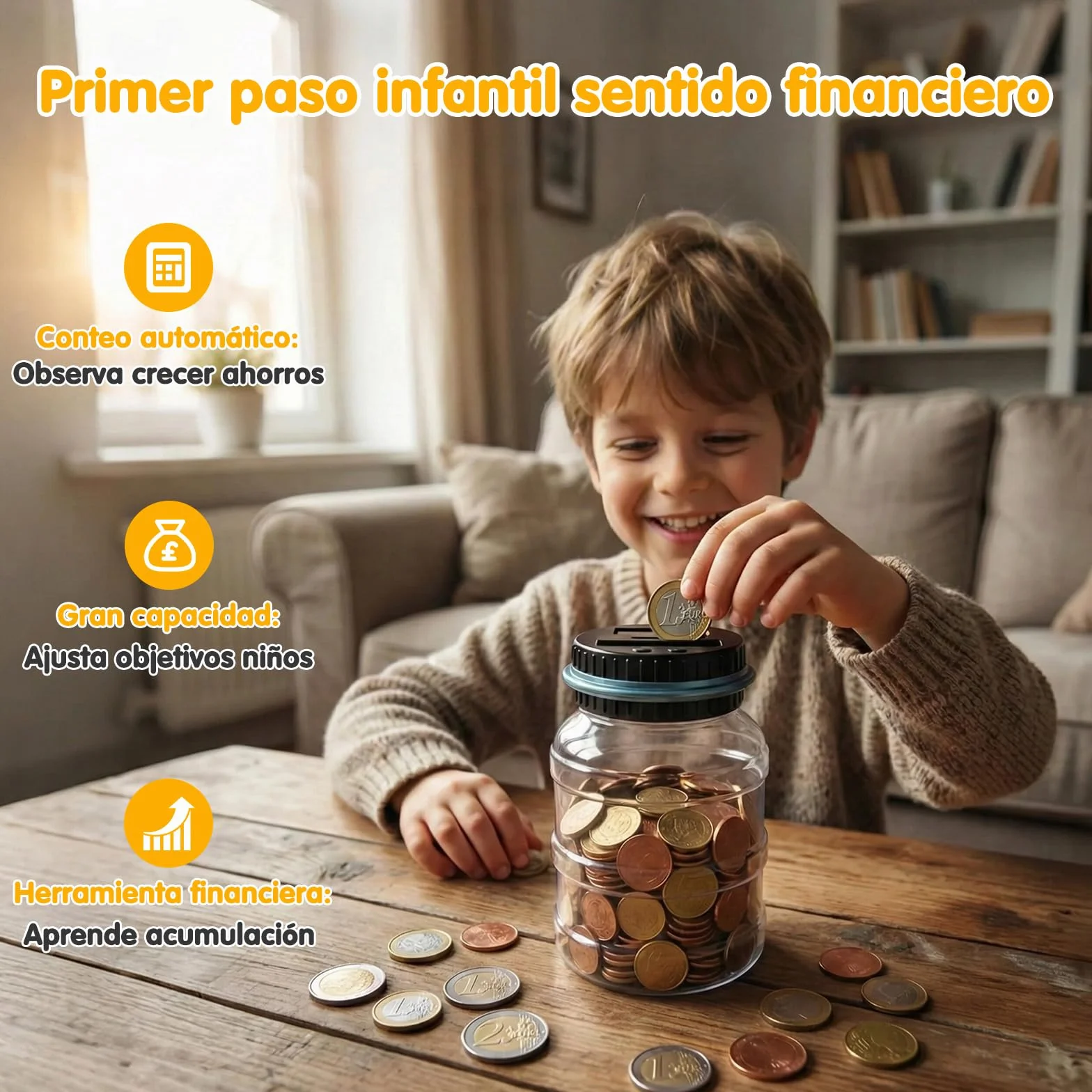 Pup Go Hucha Electronica Digital con Contador y Pantalla LCD, 1.8L Gran Capacidad, Transparente, Cuenta Monedas Euro