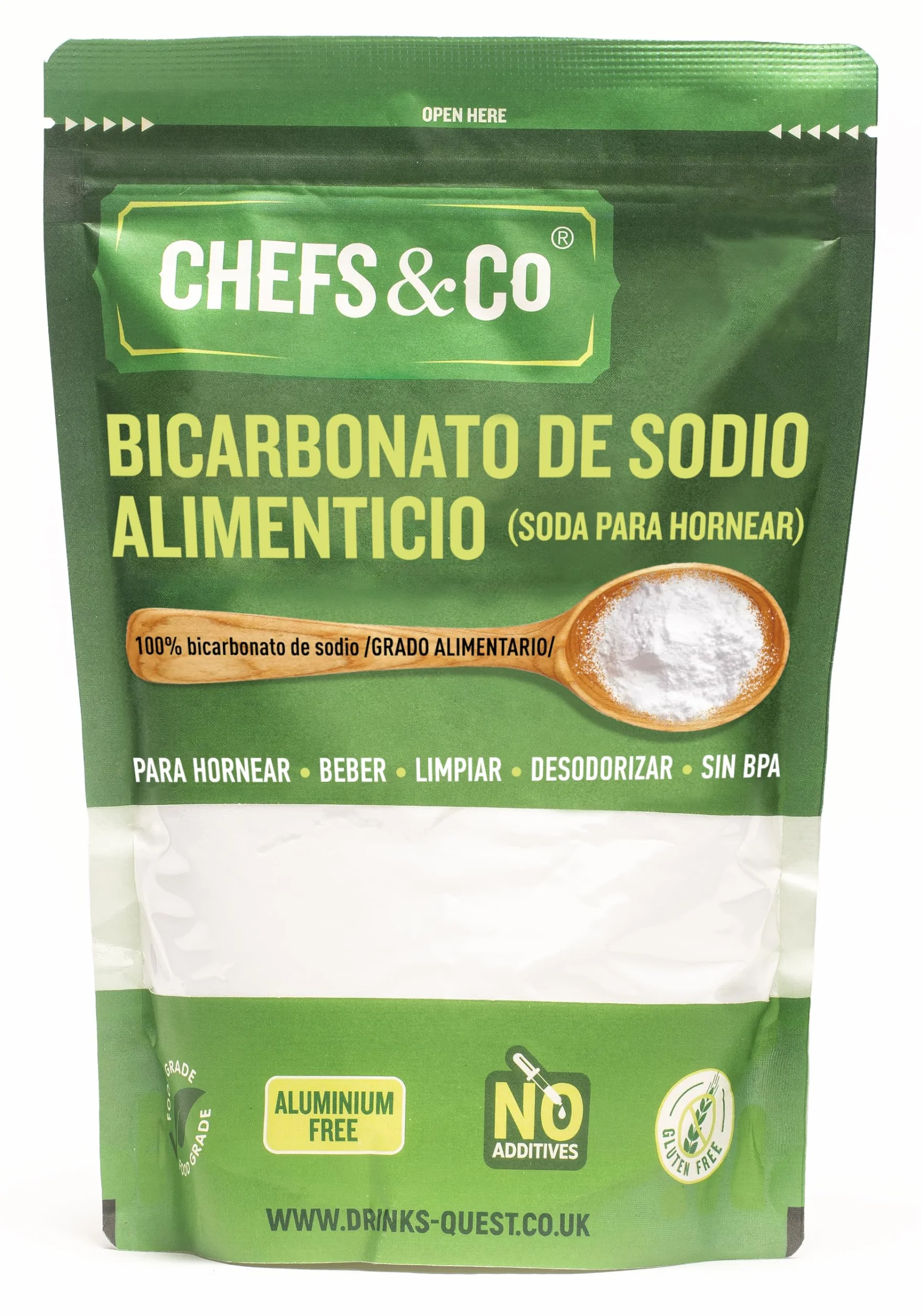 CHEFS & CO Bicarbonato de sodio 1KG Grado Alimentario Sin aluminio Sin gluten