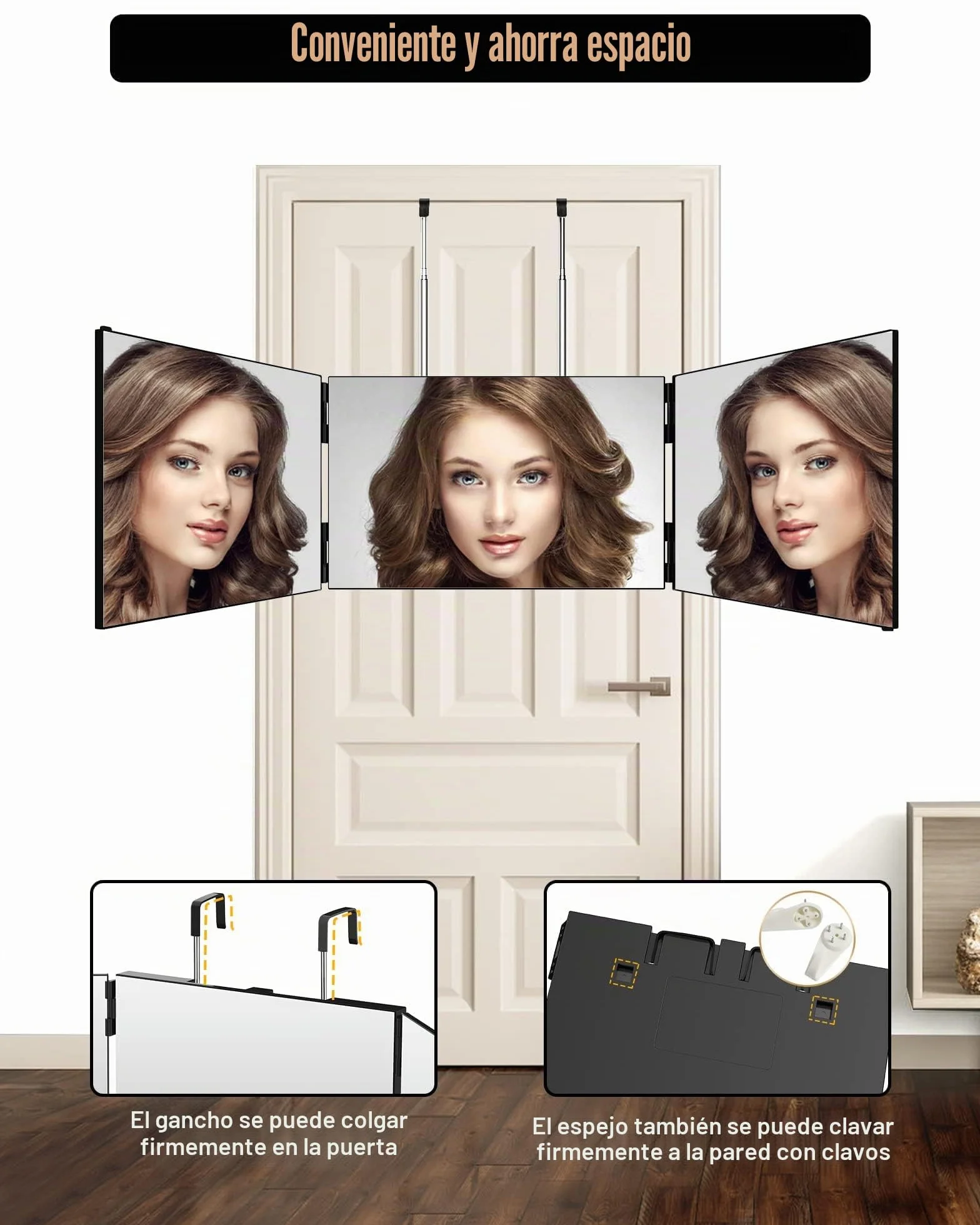 JUSRON Espejo de Pared 360°, Triple Plegable, con Corte Automático, Altura Regulable