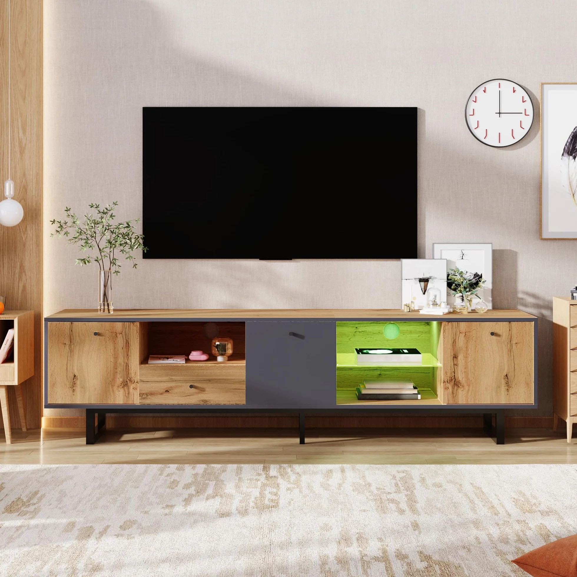 LAKFEW Mueble TV Salon de hasta 80 Pulgadas, Muebles TV con Iluminación LED y 3 Puertas, Muebles de Salon con 1 Cajón y 3 Compartimentos, Mueble Television, 190x40x50 cm, Natural