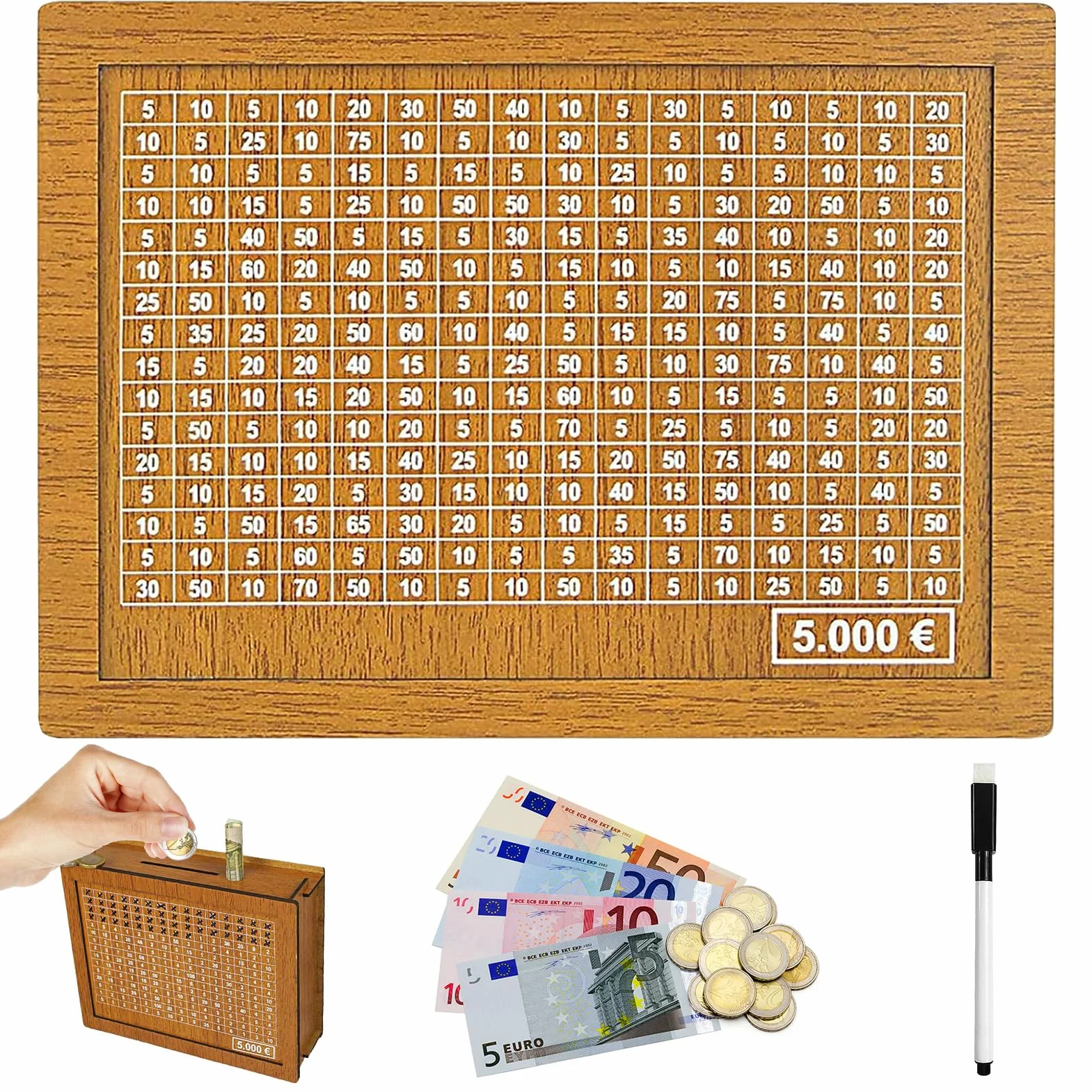 Hucha de Madera, Hucha con Contador, Cajas de Dinero Reutilizables, Caja de Dinero con Objetivo Ahorro y Números para Marcar, para Ayudar a Los Niños a Desarrollar el Hábito de Ahorr (5000)