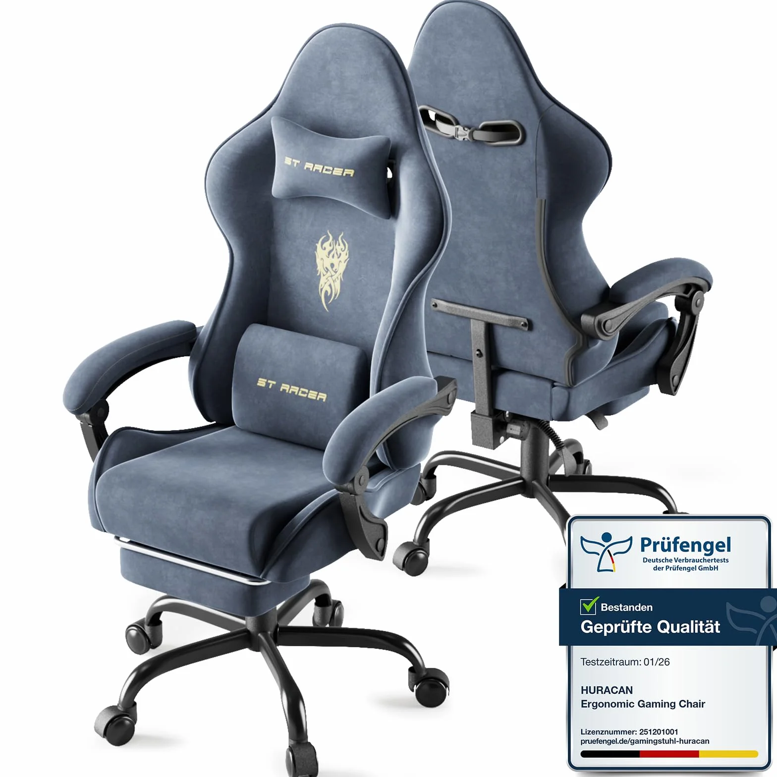 Huracan Silla de Gaming ergonómica, Terciopelo de Microfibra, Altura Regulable, reposabrazos Ajustables, Masaje, cojín Lumbar, reposapiés (Gris)