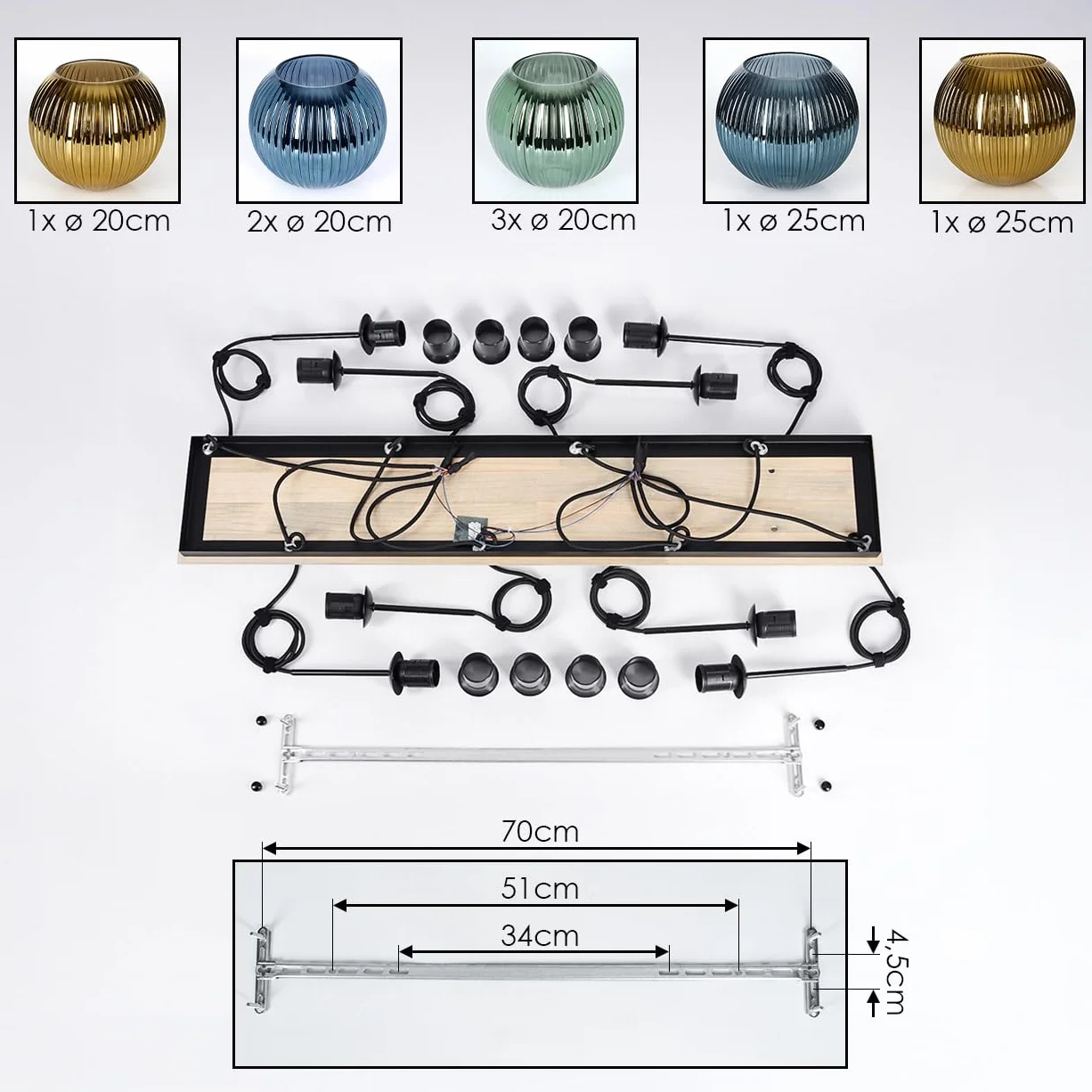 Lámpara de techo Koyoto HOFSTEIN, 8 luces de metal/madera/cristal estriado en negro/natural/verde/azul/dorado, diseño retro (pantallas de Ø 20; 25 cm), E27, comedor, cocina, salón