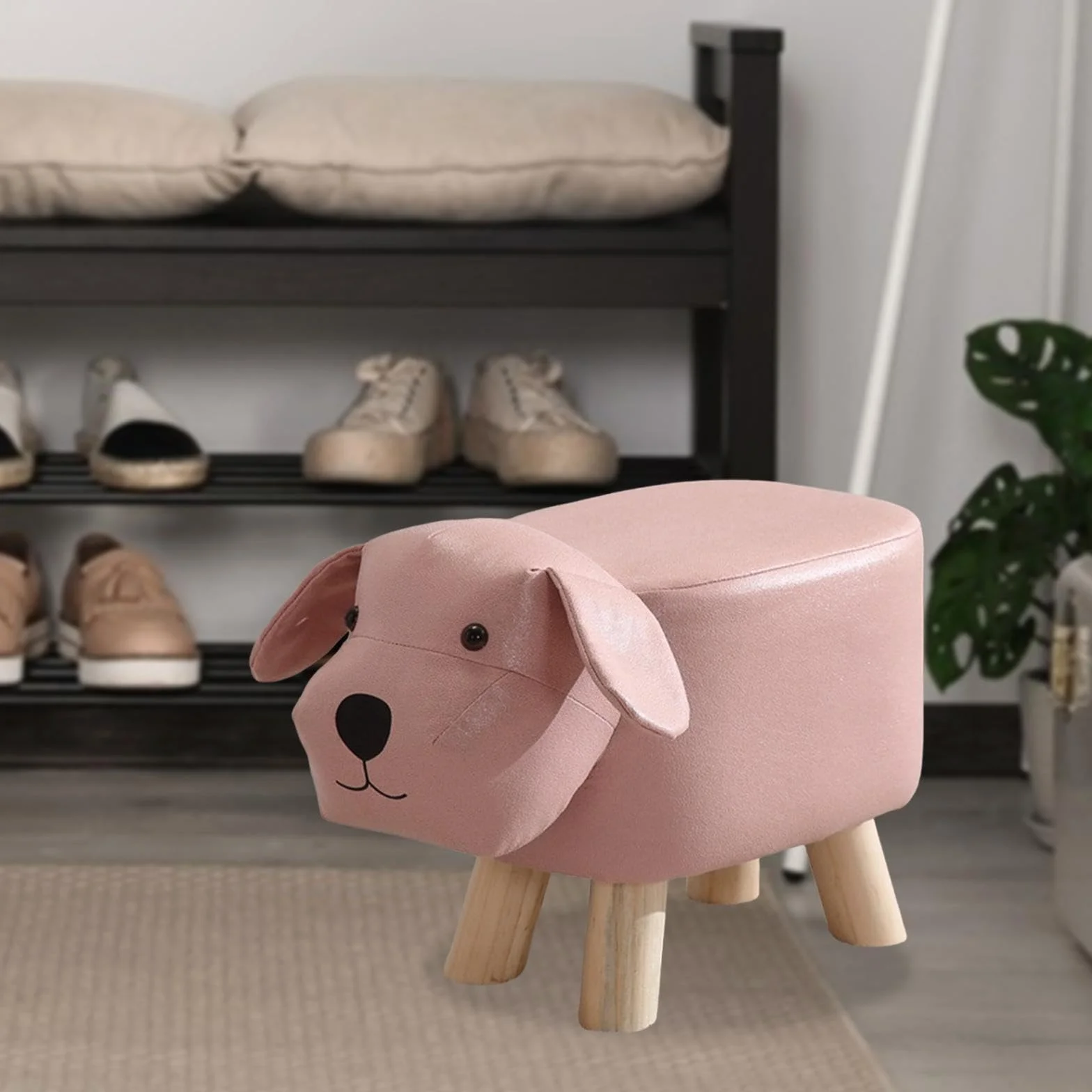Puf Decorativo Infantil Perro Rosa para Sala de Juegos, Taburete Niños