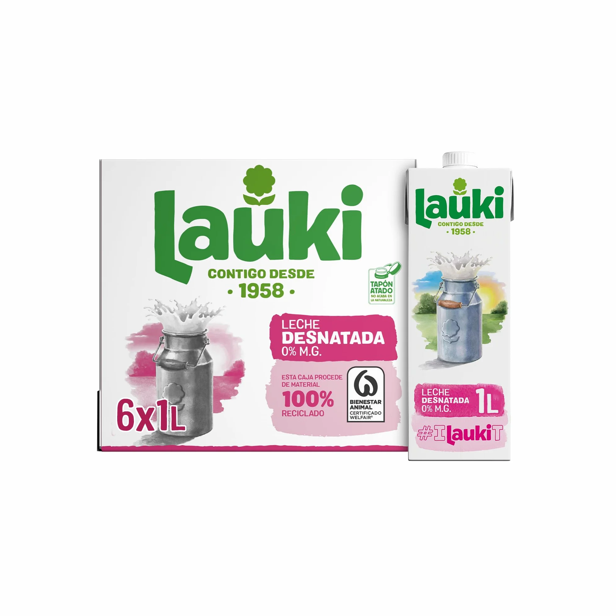 Lauki Leche Desnatada Bienestar Animal Sin Azúcar Añadido Sin Gluten Brik UHT Pack 6 x 1L