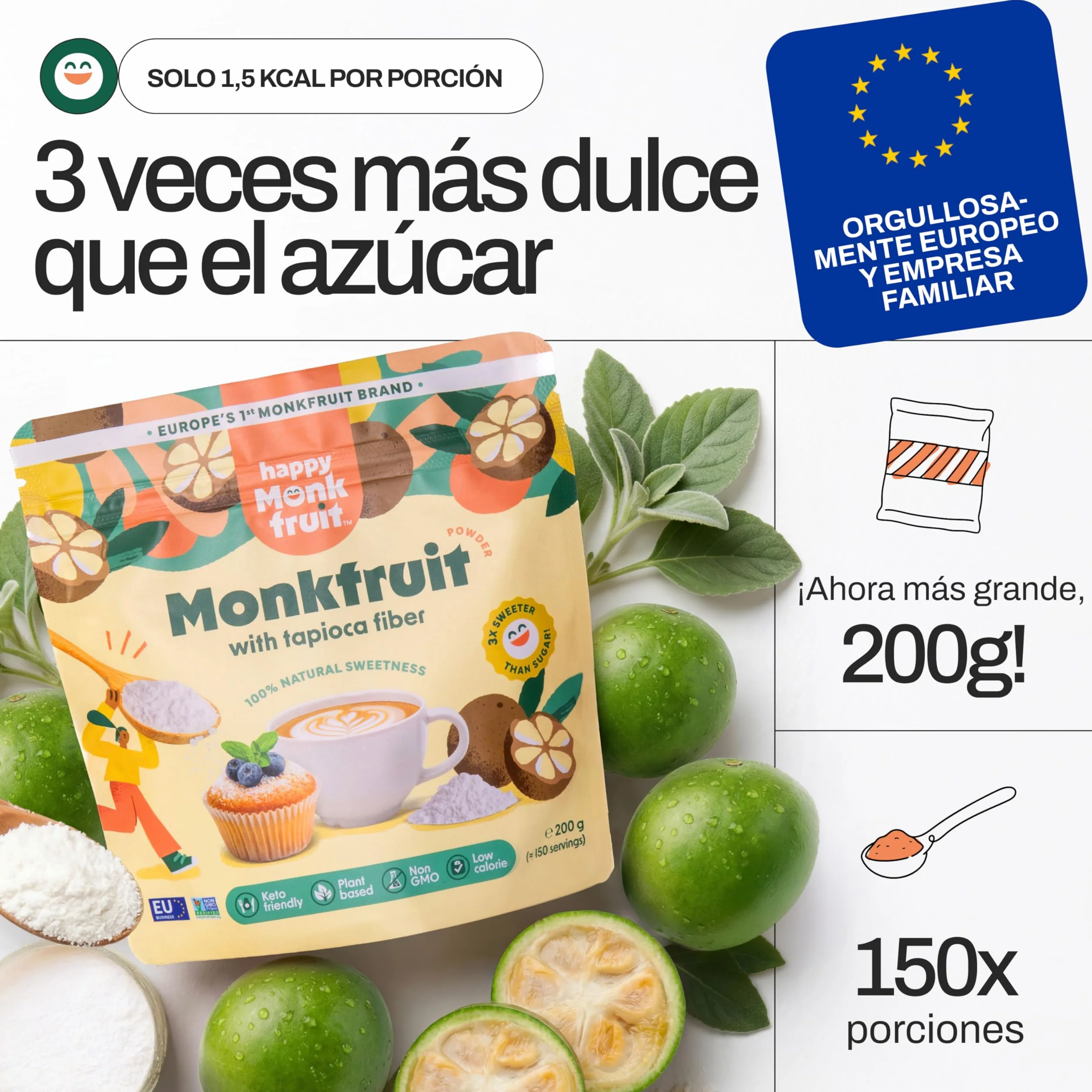Endulzante de fruta del monje en polvo 200 g - 3× más dulce que el azúcar, monk fruit natural apta para keto, 150 porciones
