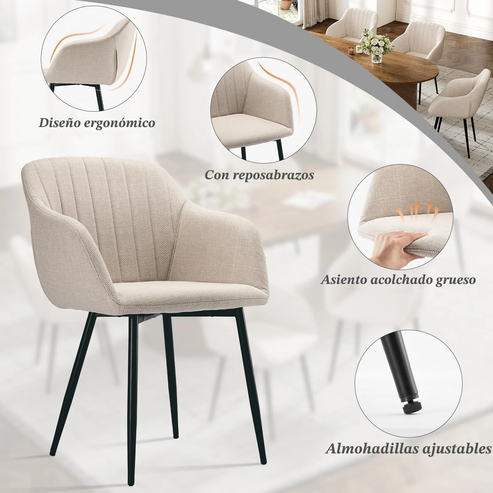 Juego de 6 Silla de Comedor Beige con Reposabrazos, Silla Tapizada en Lino con Patas Metálicas, Estilo Moderno, Unidad Individual para Comedor Salón