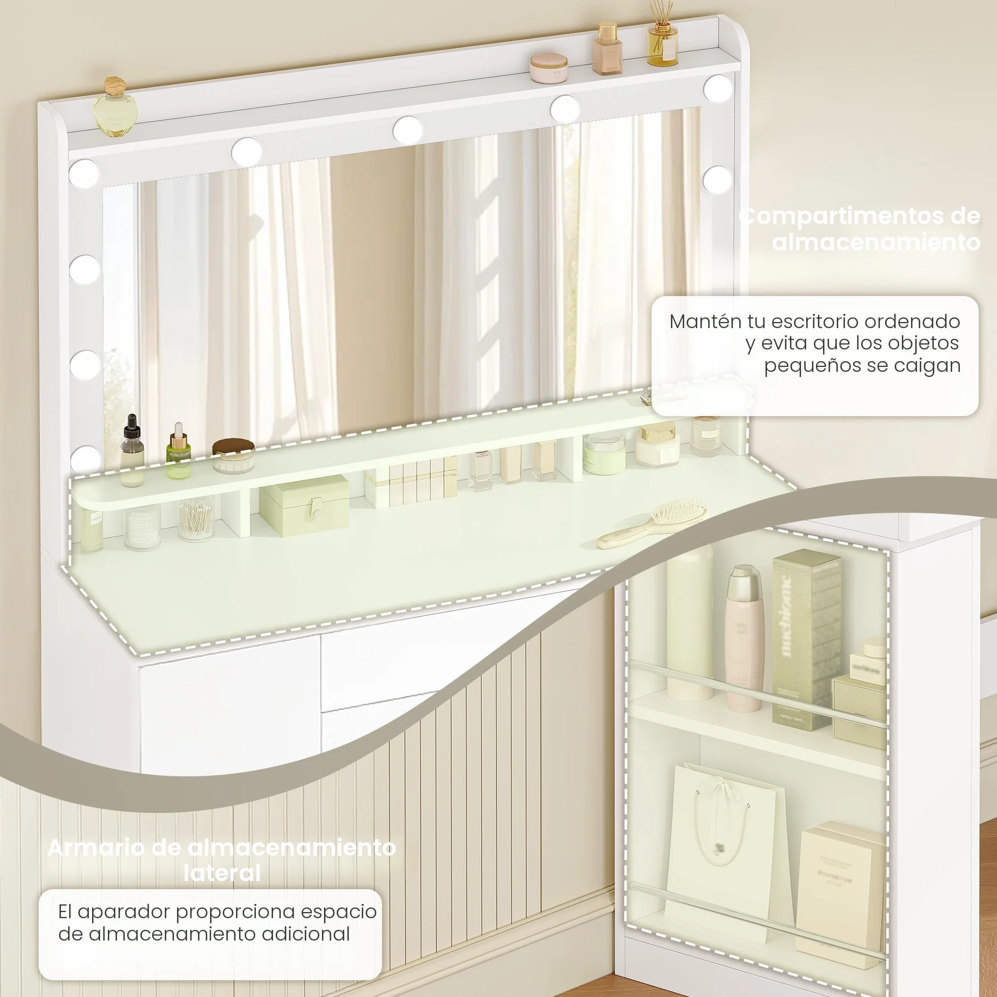 HEXCELEN 108 cm Tocador con Espejo Grande, Tocador de Maquillaje con Luz LED, Mesa de Maquillaje con 6 Cajones y Compartimento de Almacenamiento Lateral Abierto, Blanco
