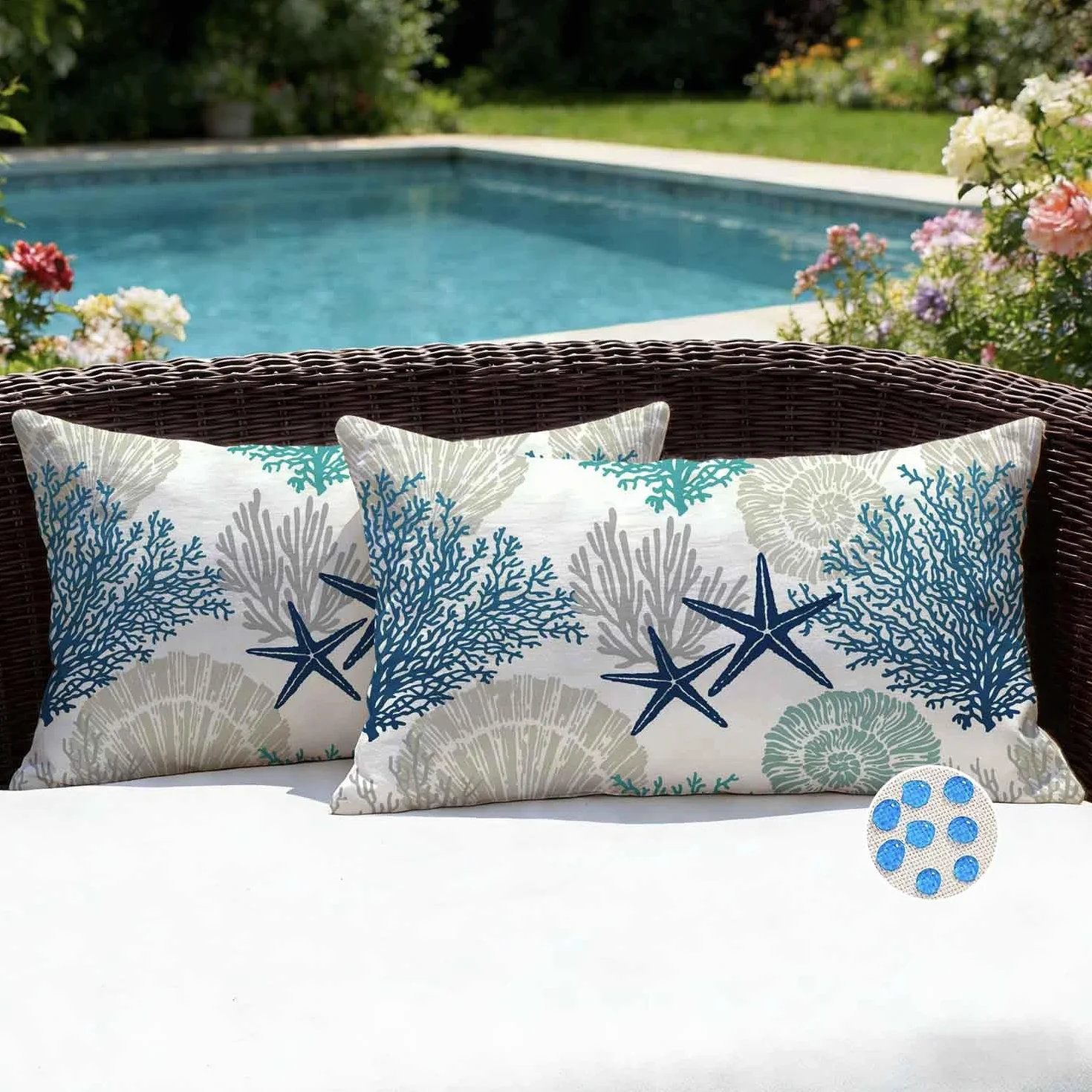 Funda Cojin Impermeable 50x30 cm Estrellas de Mar y Algas Gris Turquesa para Exterior Paquete de 2