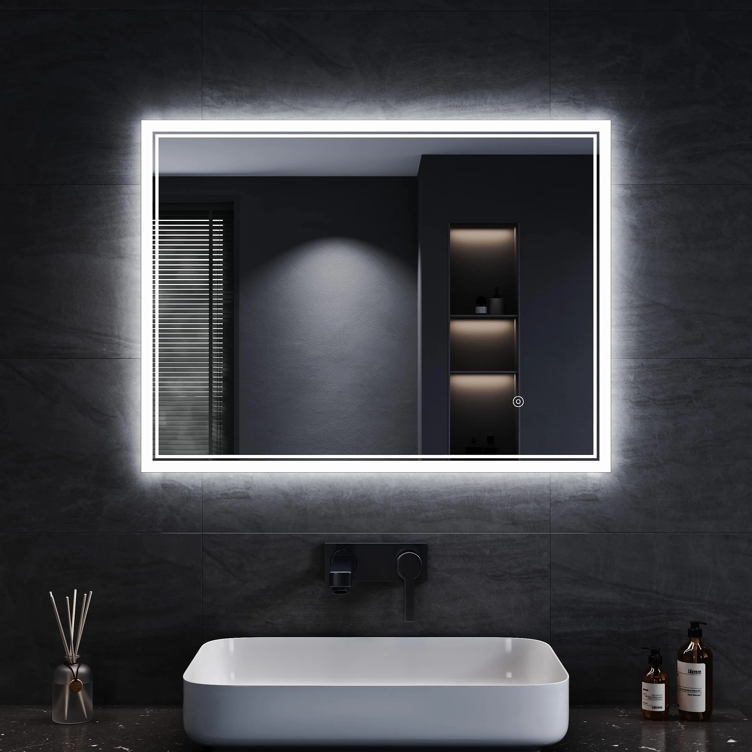 SONNI Espejo de Baño con Iluminación 80 x 60 cm Antiniebla Espejo de Baño con Interruptor Táctil Espejo de Pared Blanco Frío 6400k Interruptor de Pared IP44