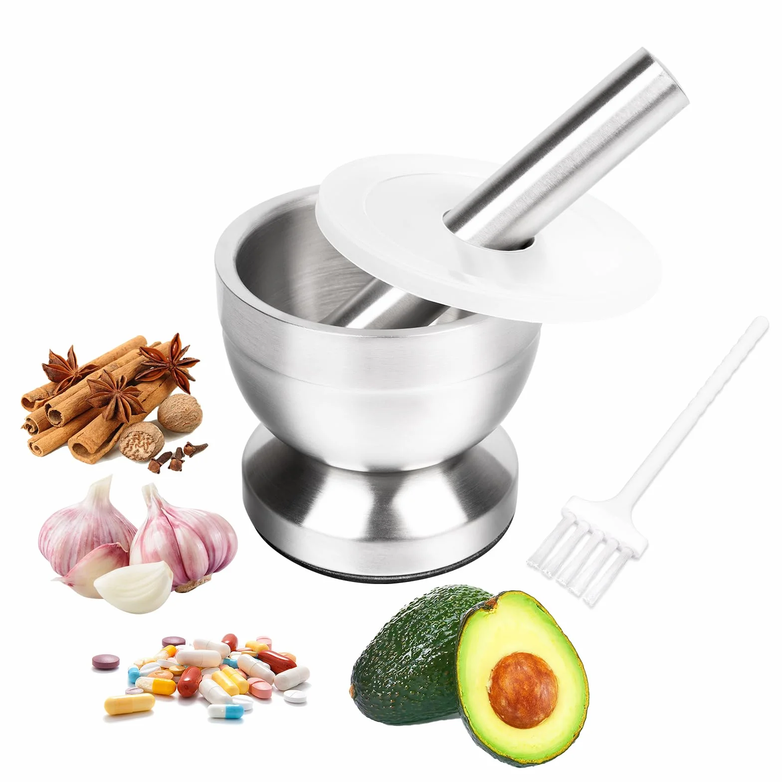 Mortero con mano de mortero, Mortero pequeño de acero inoxidable para ajo, Mortero multiusos antideslizante para machacar hierbas, pastillas y especias de cocina, 250ml