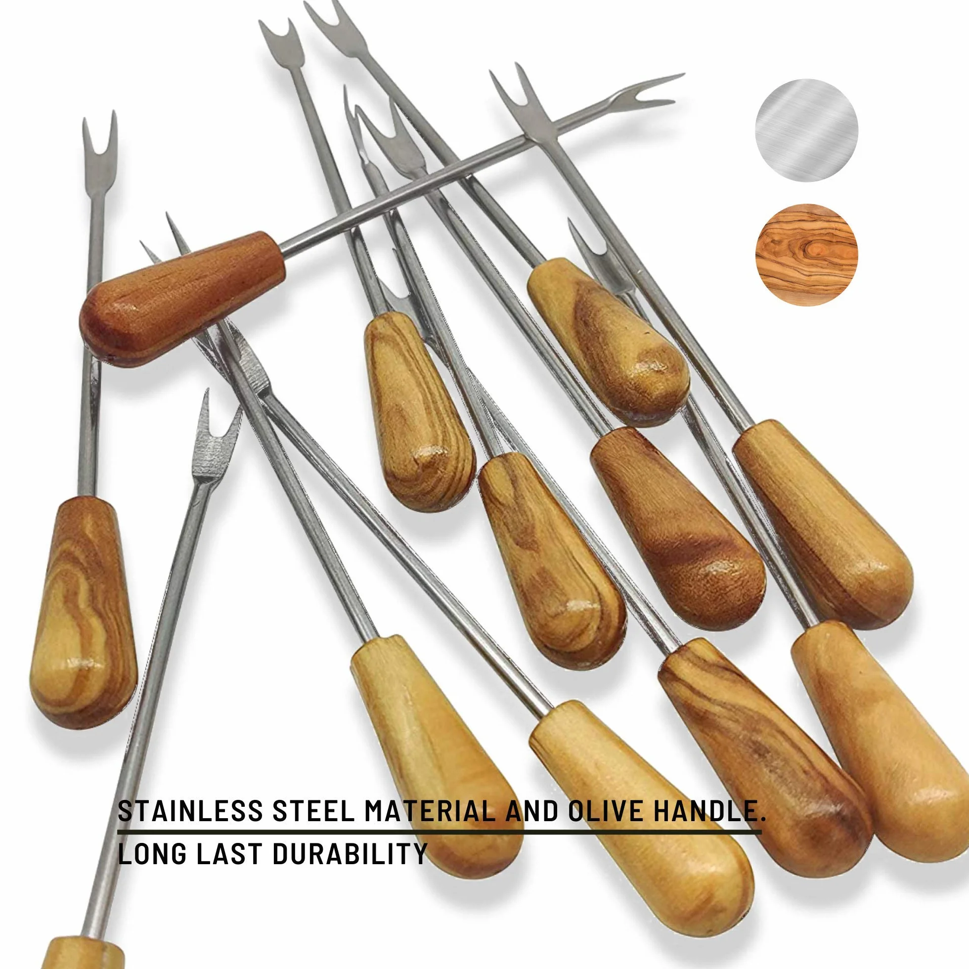 DOJA Barcelona | Pinchos para Caracoles | PACK 12 | Palillos Metalicos Reutilizables con Base de Madera | Mini Tenedores, utensilios para aperitivo, cocteleria, decoracion, entre otros usos...