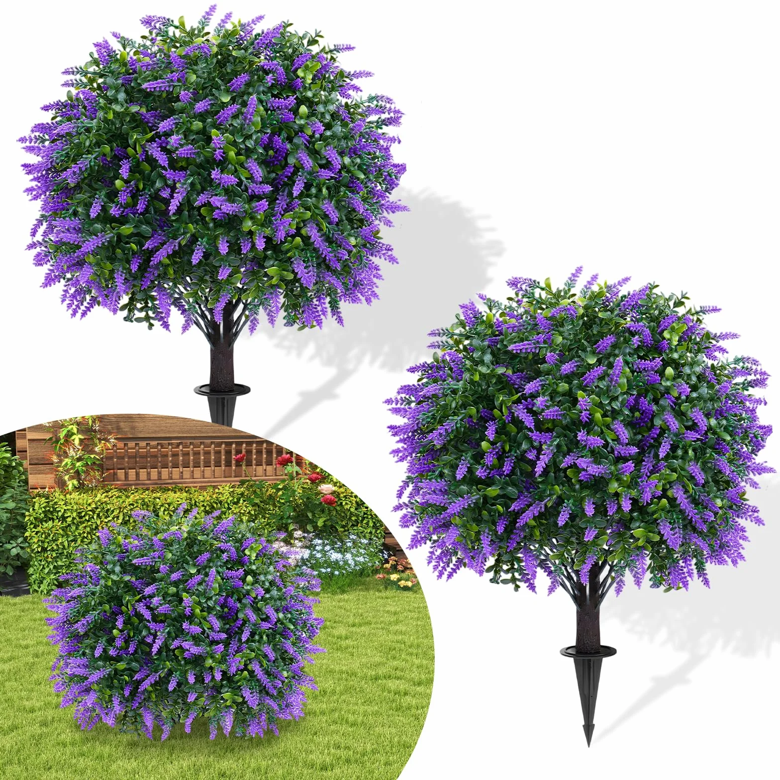 2 bolas topiarias artificiales de lavanda con estaca para el suelo, árbol artificial resistente a los rayos UV para decoración de interiores y exteriores, plantas artificiales para jardín, porche
